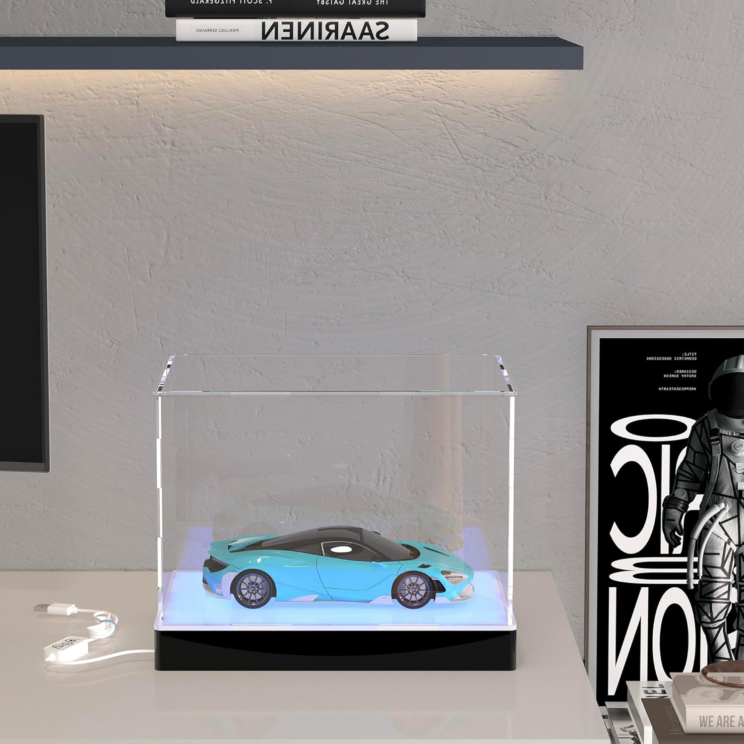 Private Label Rectangle Light Up Acrylic Display Case with RGB LED Lighted Base & Ball Holder, App & Controller, 16 Million Colors, Music Sync & Timer, Showcase 1/18 1/24 Model Cars and Collectibles Ecommerce Ready Product