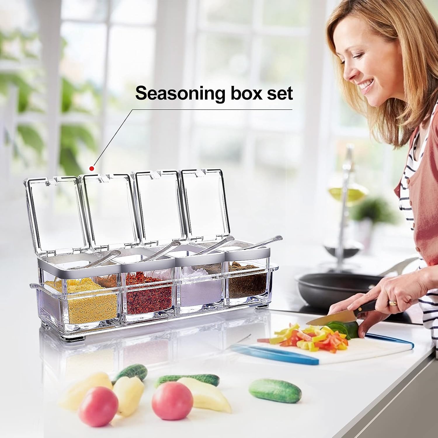 Private Label Acrylic Seasoning Box Set, 4 Piece Clear Premium Quality Storage Rack Spice Pots Condiment Jars for Salt Sugar Cruet Kitchen Organization Containers with Cover and Spoon Dropshipping Friendly