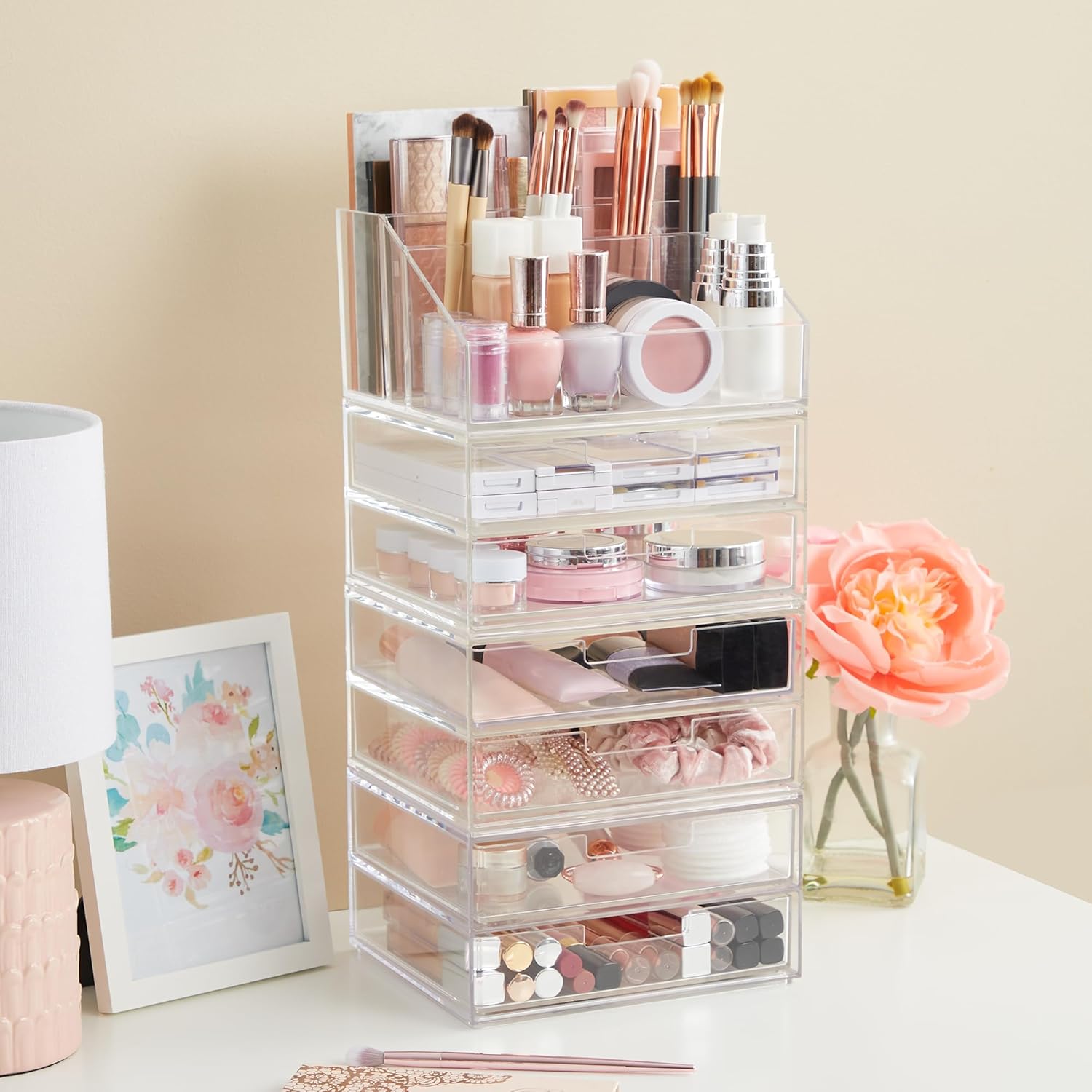 Private Label STORi Chloe Space-Saving Clear Drawer Organizer (4 Wide Drawers) Sort Office, Kitchen, Beauty Supplies, Makeup, Pens, Jewelry, Stationary, Made in USA Custom Logo Service