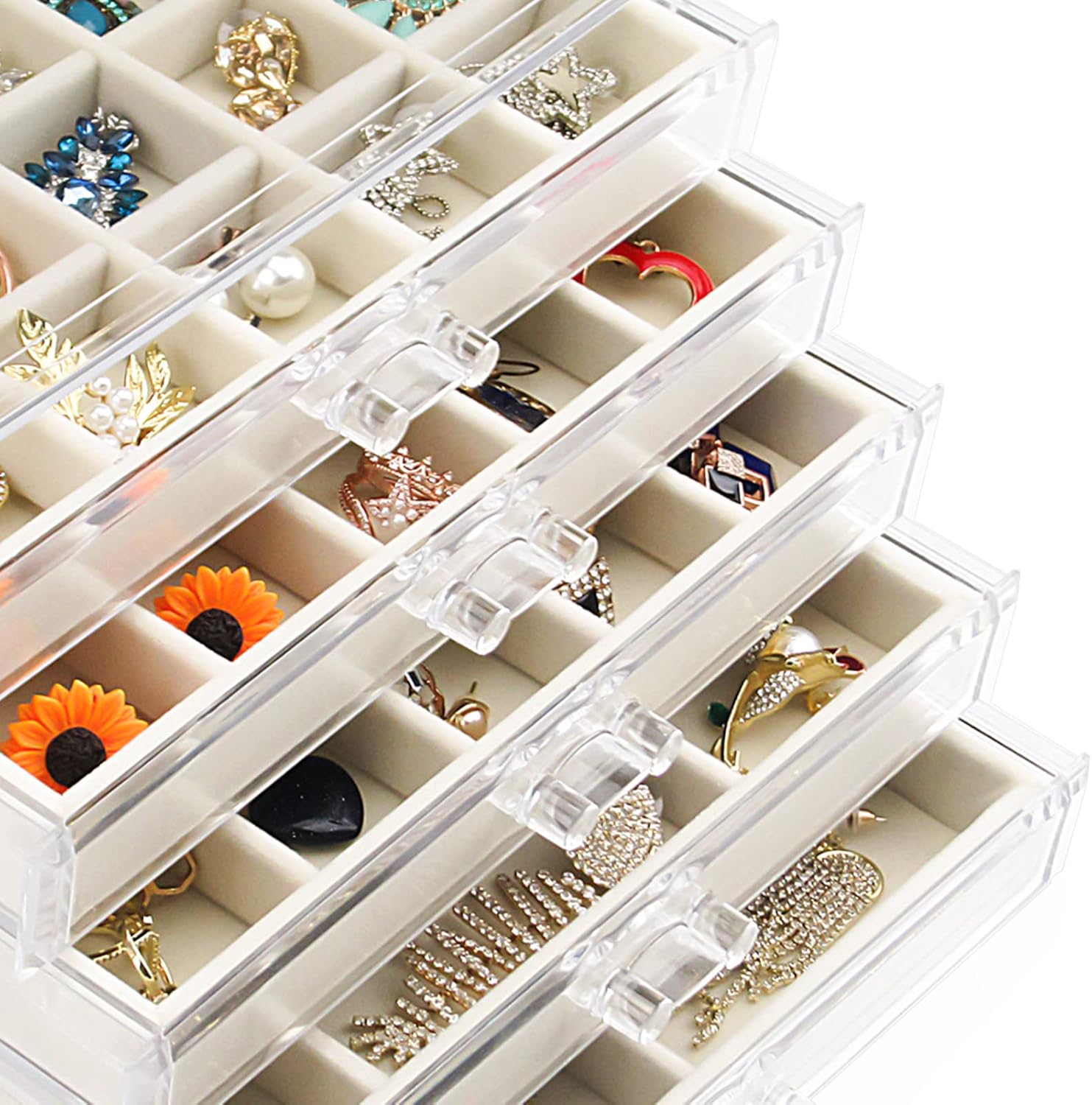 Direct Manufacturer Acrylic Jewelry Box with 5 Drawers, Clear Earring Storage Organizer Display Case for Women Girls, Beige Low MOQ