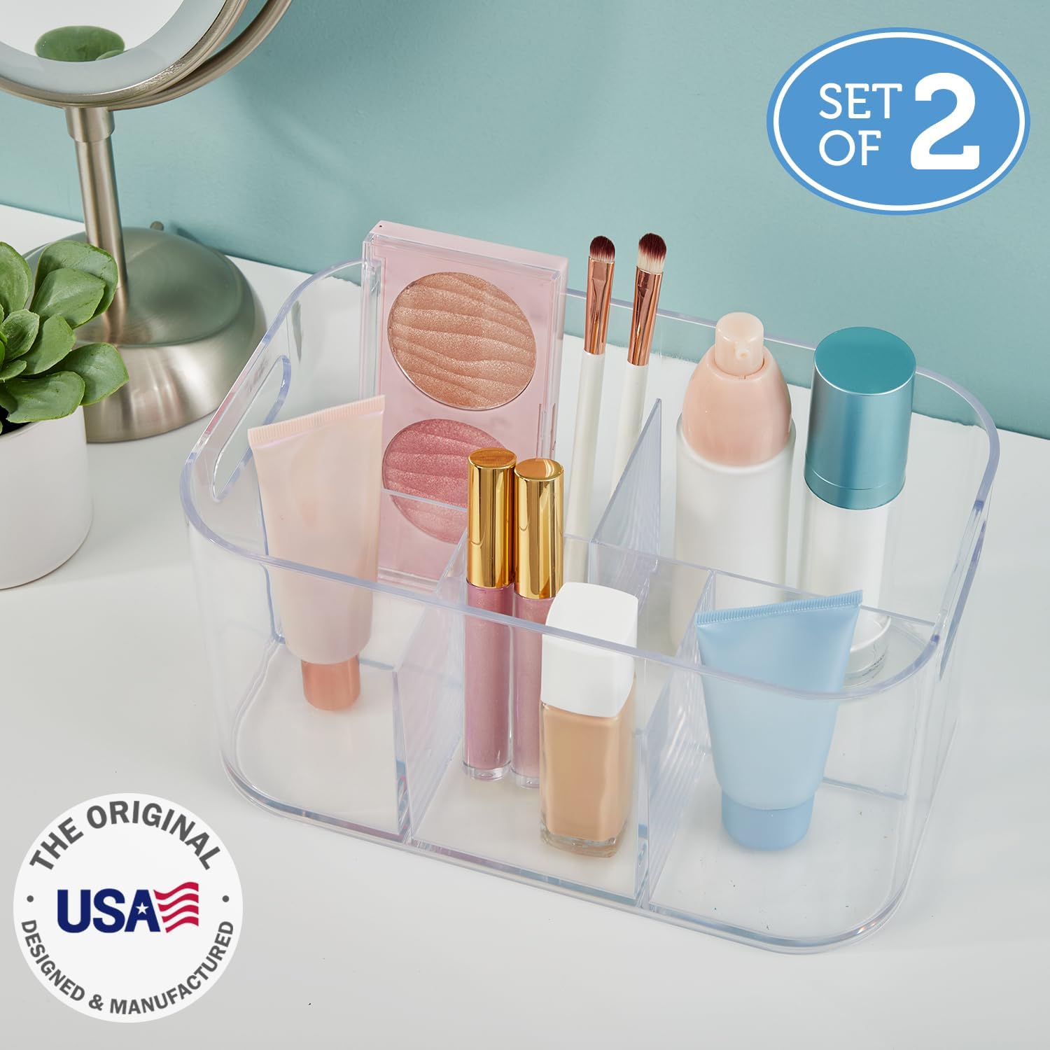 Private Label STORi Bliss 5-Compartment Plastic Cosmetics Storage Organizer, Set of 2 | Clear | Rectangular Divided Makeup Bin & Vanity Caddy with Pass-Through Handles | Round Corner Design | Made in USA Custom Logo Service