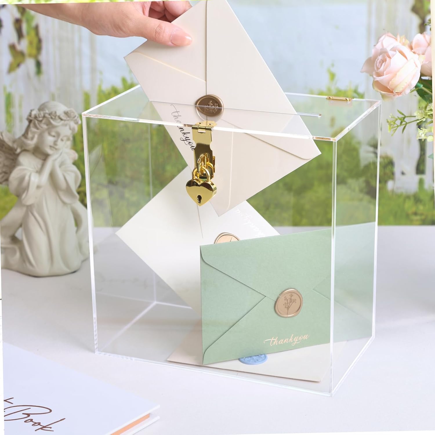 Private Label UNIQOOO Modern Clear Acrylic Card Box with Gold Heart Lock, Customize Thick Blank Wedding Box No Print w/Slot, Large 10x10x5.5 in, for Reception Decoration Fundraiser Wishing Well Box Election Ballot Wholesale Manufacturer