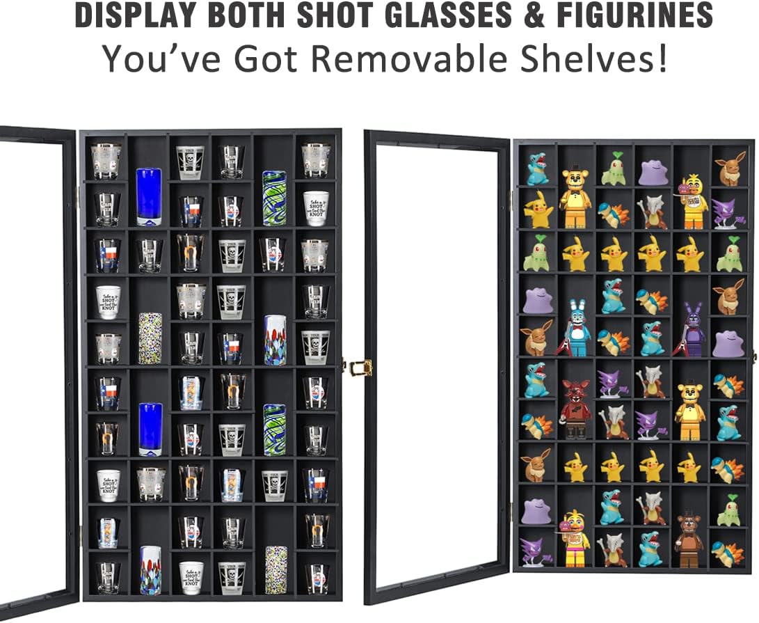 Private Label Shot Glass Display Case Large Wooden Cabinet Rack Holder Wall Mounted Black Shadow Box Lockable with UV Protection Acrylic Glass Door Shot Glass Storage Case with Removable Shelves, 17"x32", 52 Slots Custom Mold Development