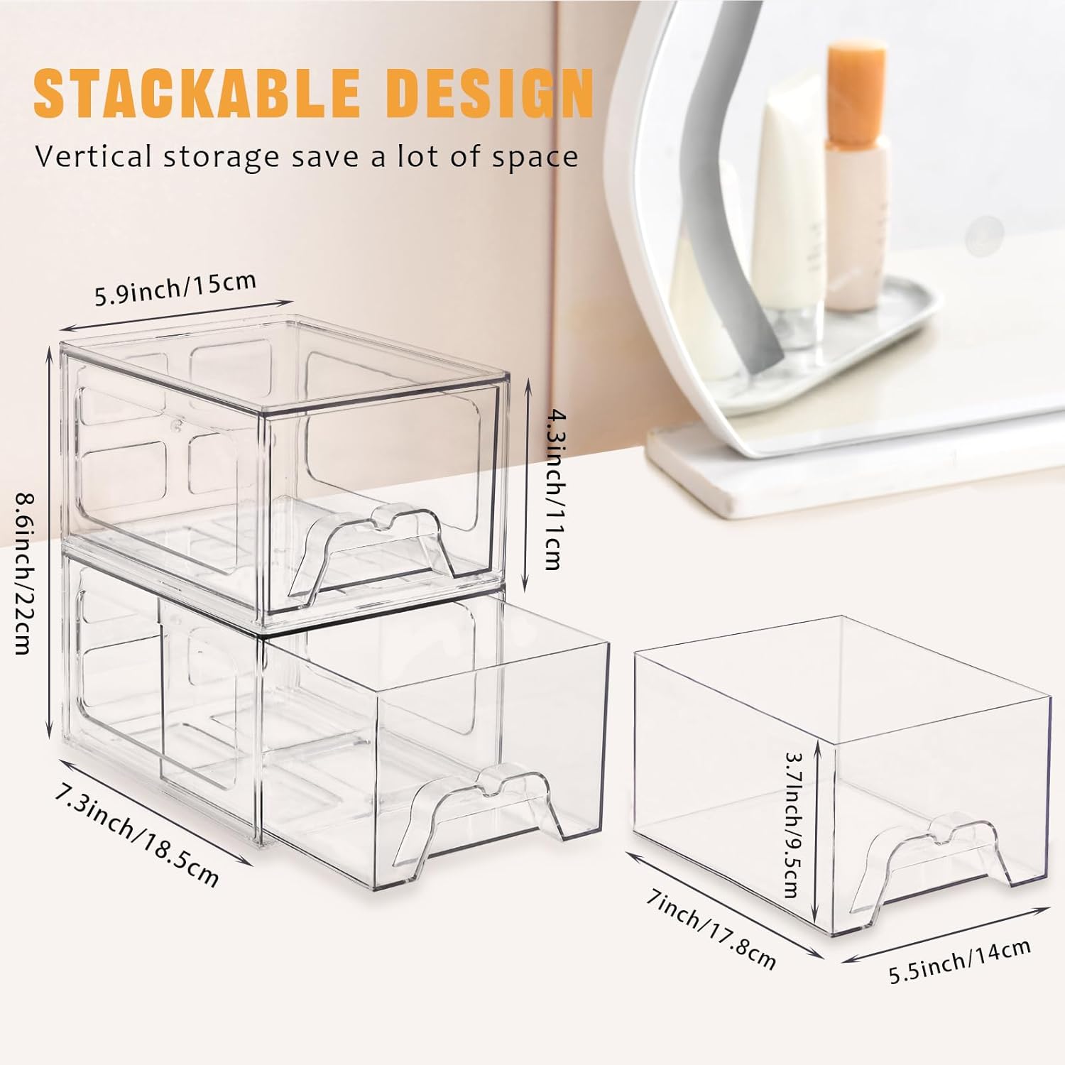 Private Label 6 Pack Stackable Makeup Organizer, 4.4'' Tall Acrylic Bathroom Makeup Organizer and Storage Drawer with Pull-out Handle, Clear Plastic Storage Bins for Vanity,Pantry,Desk,Undersink,Kitchen Factory Direct Price