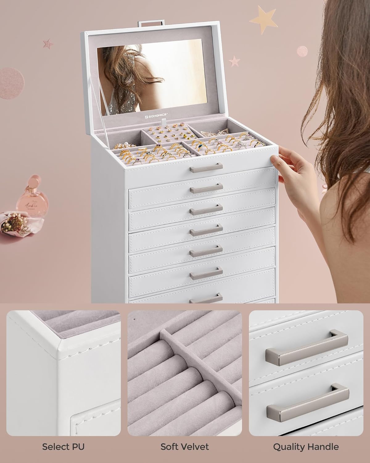 Direct Manufacturer SONGMICS Jewelry Box, 8-Tier Jewelry Organizer, Large Jewelry Case with Big Mirror, 7 Drawers, Large Capacity, Jewelry Storage, Modern Style, Gift for Loved Ones, White UJBC008W02 Low MOQ