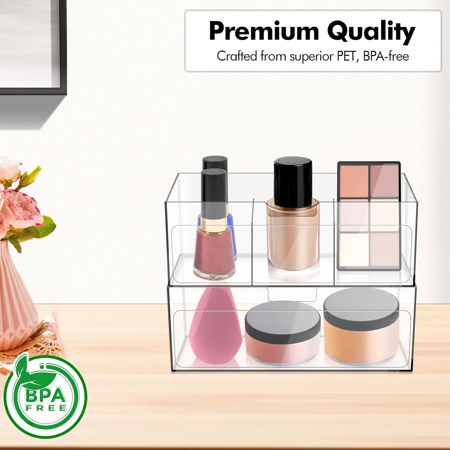 Private Label Poeland 2 Pack Makeup Organizer, Stackable Storage Organizer with U-shaped Removable Divider, Clear Storage Box for Medicine Cabinet, Closet, Bathroom, Counter Custom Logo Service