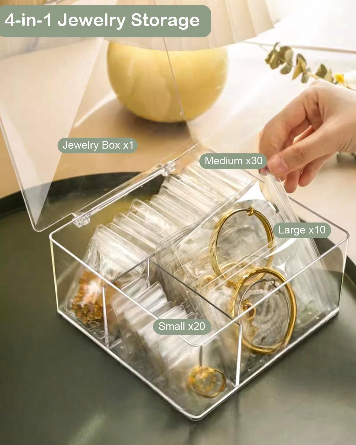 Direct Manufacturer 4 In 1 Acrylic Jewelry Organizers and Storage with 60 Portable Anti Tarnish Jewelry Bags, Clear Jewelry Box Organizer, Travel Jewelry Case for Earrings/Rings/Necklaces for Women Girls Low MOQ