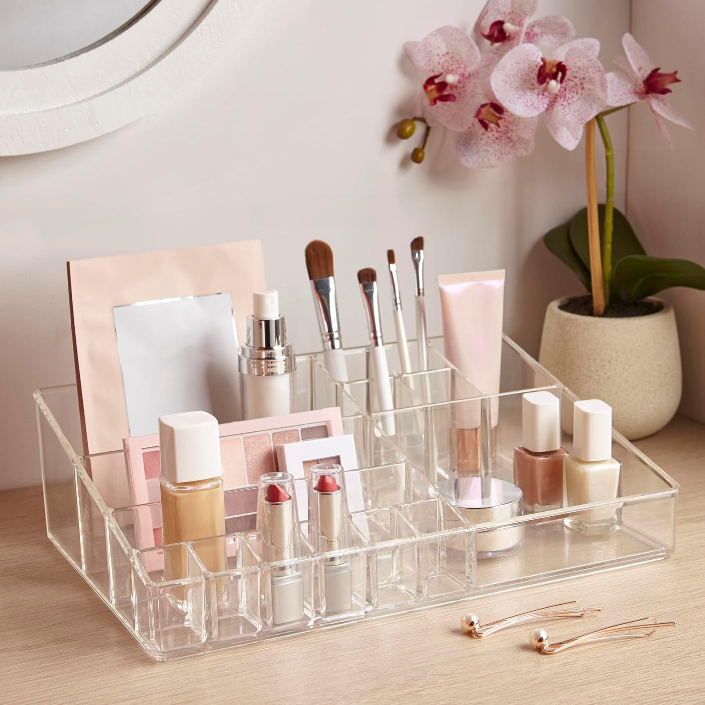 Private Label STORi Audrey Clear Vanity Makeup Organizer | 15-Compartment Holder for Brushes, Eyeshadow Palettes, & Beauty Supplies | Stacks on Audrey Storage Drawers | Made in USA Factory Direct Price