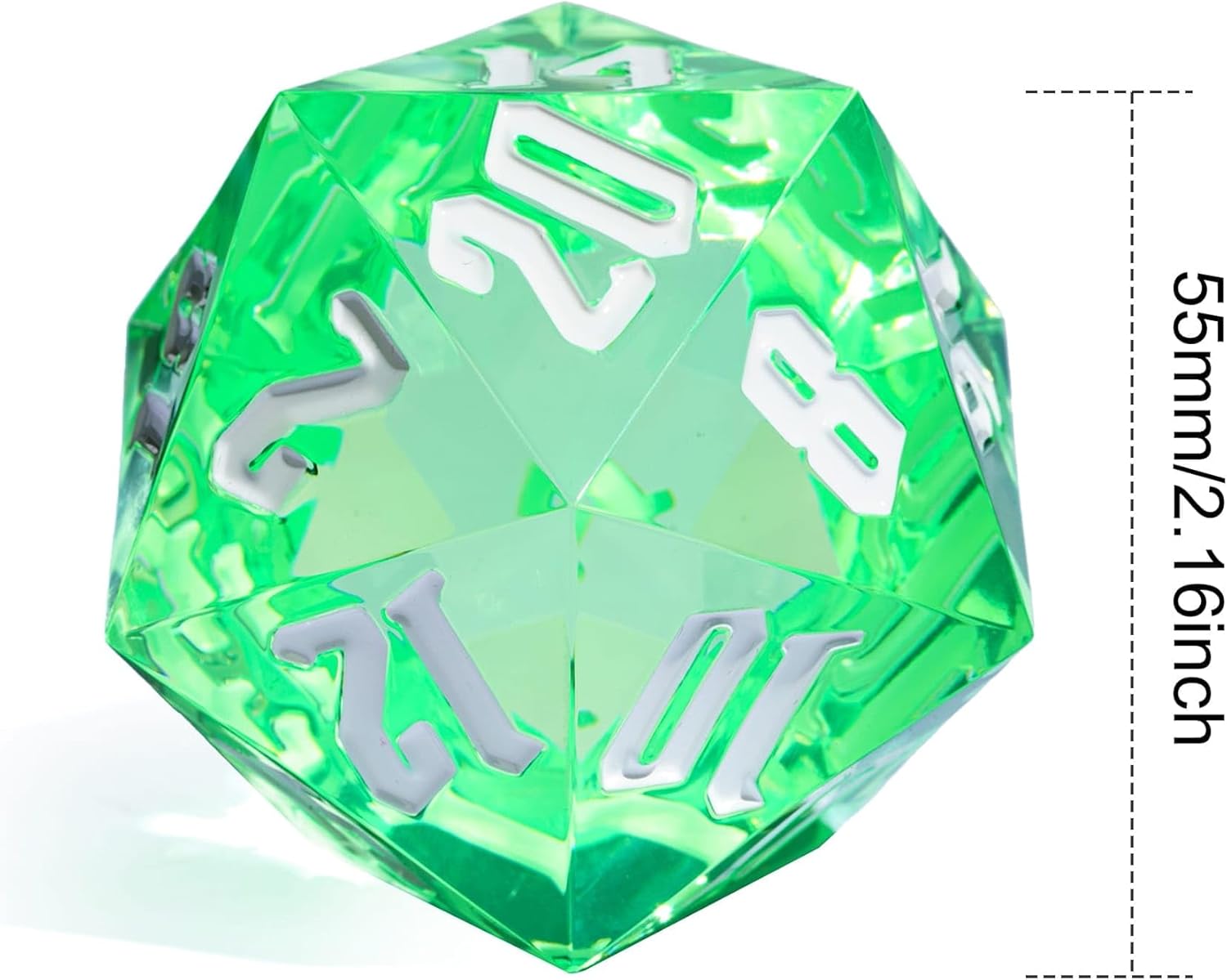 ODM 55mm 20 Sided DND Dice, Giant D20 D&D Polyhedral Dice Large D20 with Die Gift Box for Dungeons and Dragons, RPG Table Games (Transparent Green/White Numbers) Custom Mold Development