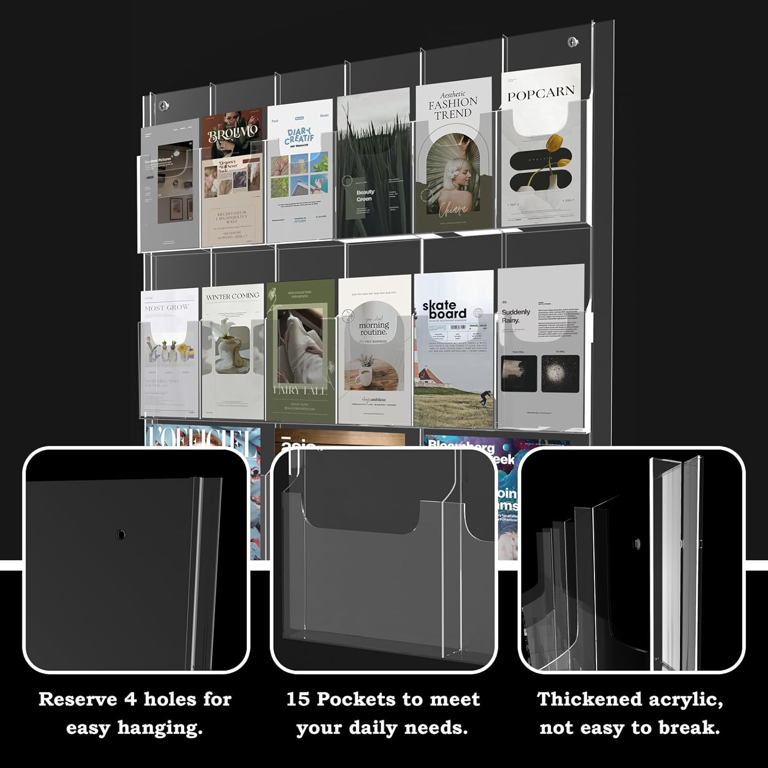 Wholesale Acrylic Brochure Pamphlet Holder, 3 Magazine Holders and 12 Pamphlet Holders, Clear Brochure Display Holder Wall Mount, Trifold Flyer Rack, Literature Storage Rack for Home, Offices, Waiting Room China Factory Bulk Supply