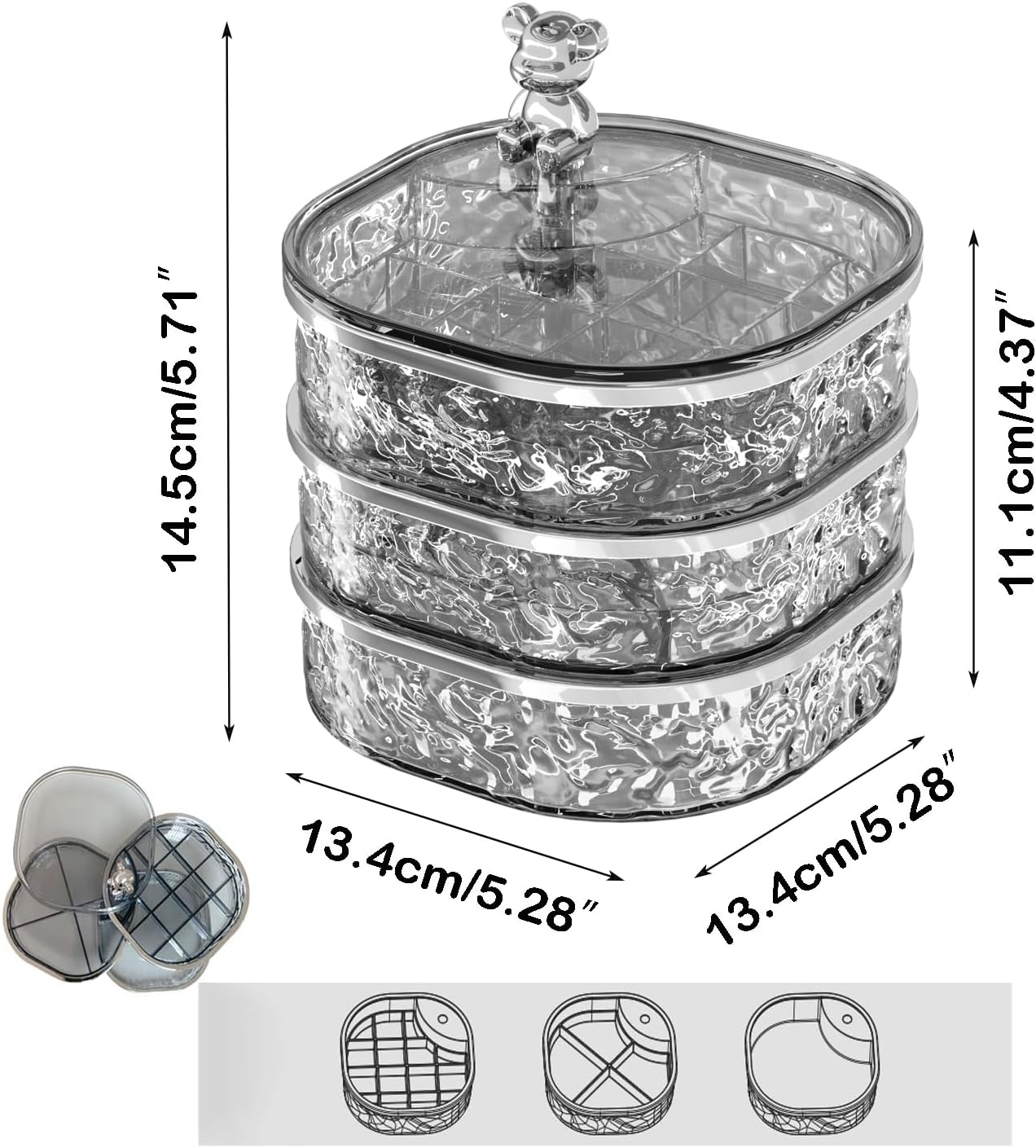 Direct Manufacturer Jewelry Organizer, 3 Layers Rotating Jewelry Box, Small Jewellery Box, Earring Holder with Lid for Earring Organizer, Various Compartments for Rings, Earrings, Necklace, Bracelets, Clear/Grey Low MOQ