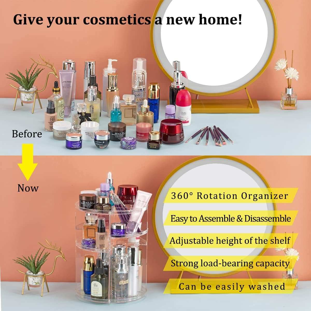 Private Label 360° Rotating Makeup Organizer, Skincare Storage Box, Cosmetic Display Case with Brush Holder Perfume Tray, Multifunctional Rotating Rack Suitable for Dressing Tables and Bathroom Countertops Custom Logo Service