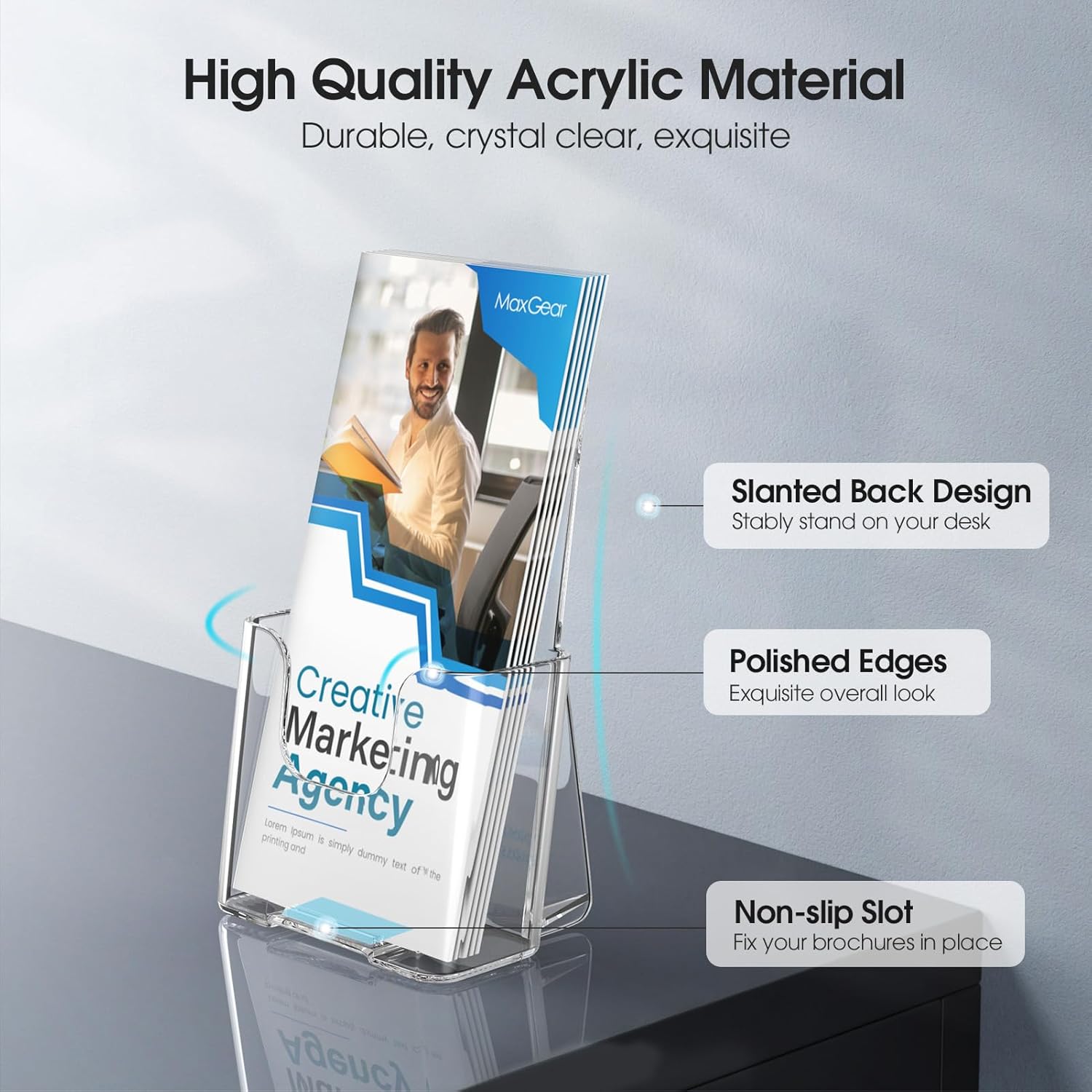 Wholesale MaxGear 6 Pack Acrylic Brochure Holder, Trifold 4 inches Wide Plastic Literature Holder For Pamphlets, Flyers, Rack Cards, Wall Mount Clear Countertop Organizer Display Stand, Office or Home Use China Factory Bulk Supply