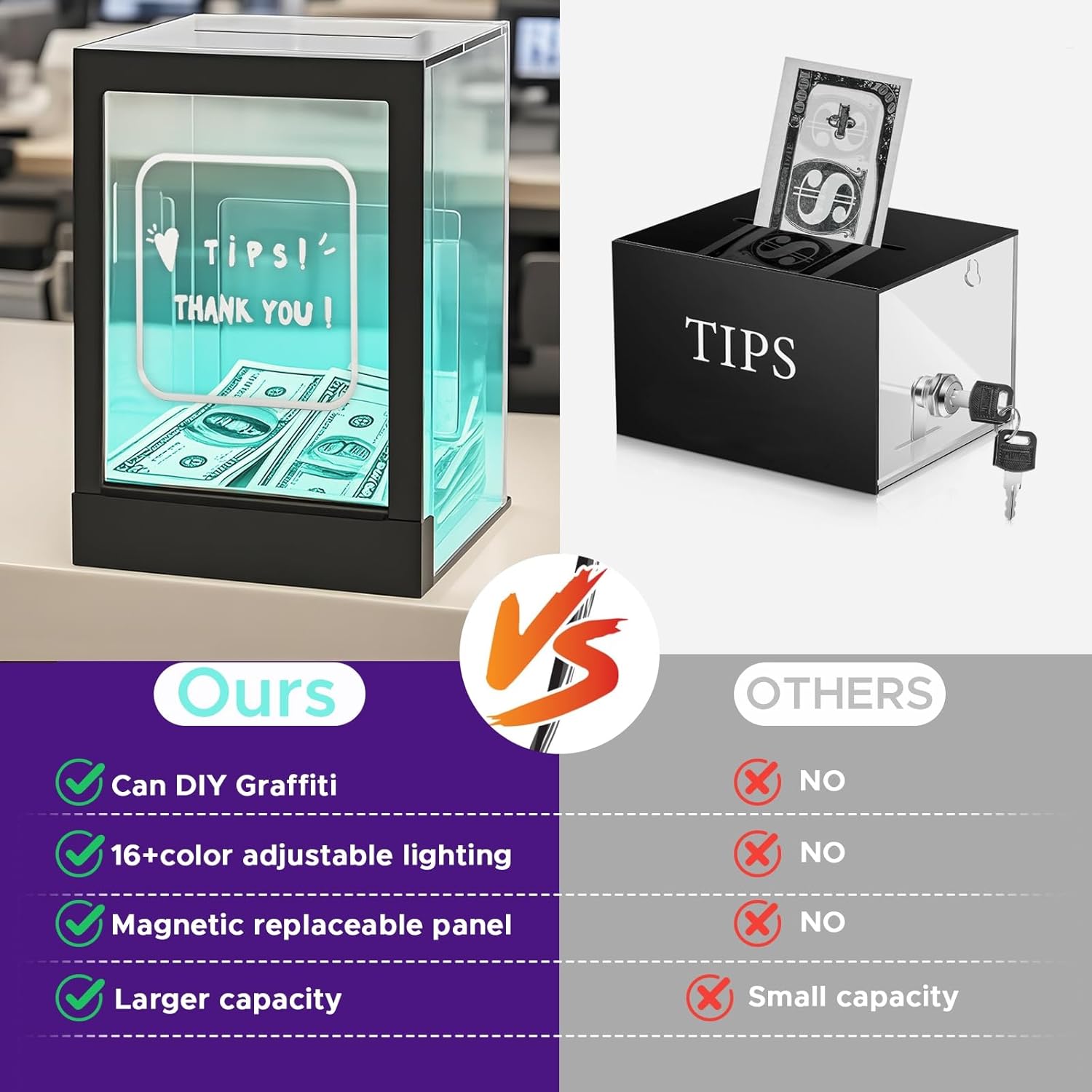 Private Label 18-Color LED Acrylic Tip Jar for Bartender with Remote Control, Lockable Cash Slot & Customizable Magnetic Sign(5.9"x5.9"x8.8") – USB-Powered Donation Box for Restaurants, Bars, Charity Events Custom Mold Development