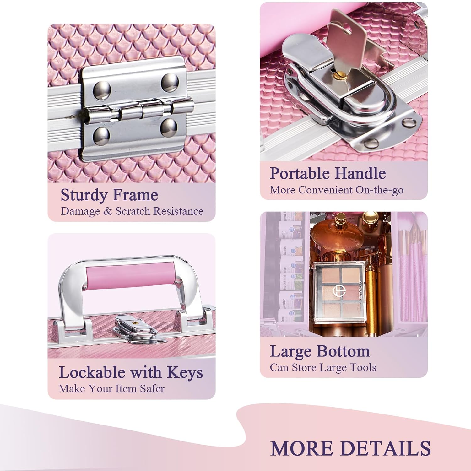 Private Label Frenessa Makeup Case Makeup Box Cosmetic Organizer Case Portable Make Up Artist Travel Case Storage Box 4 Trays with Dividers Lockable Hard Train Case Nail Tech Supply Storage Mermaid Pink Custom Logo Service