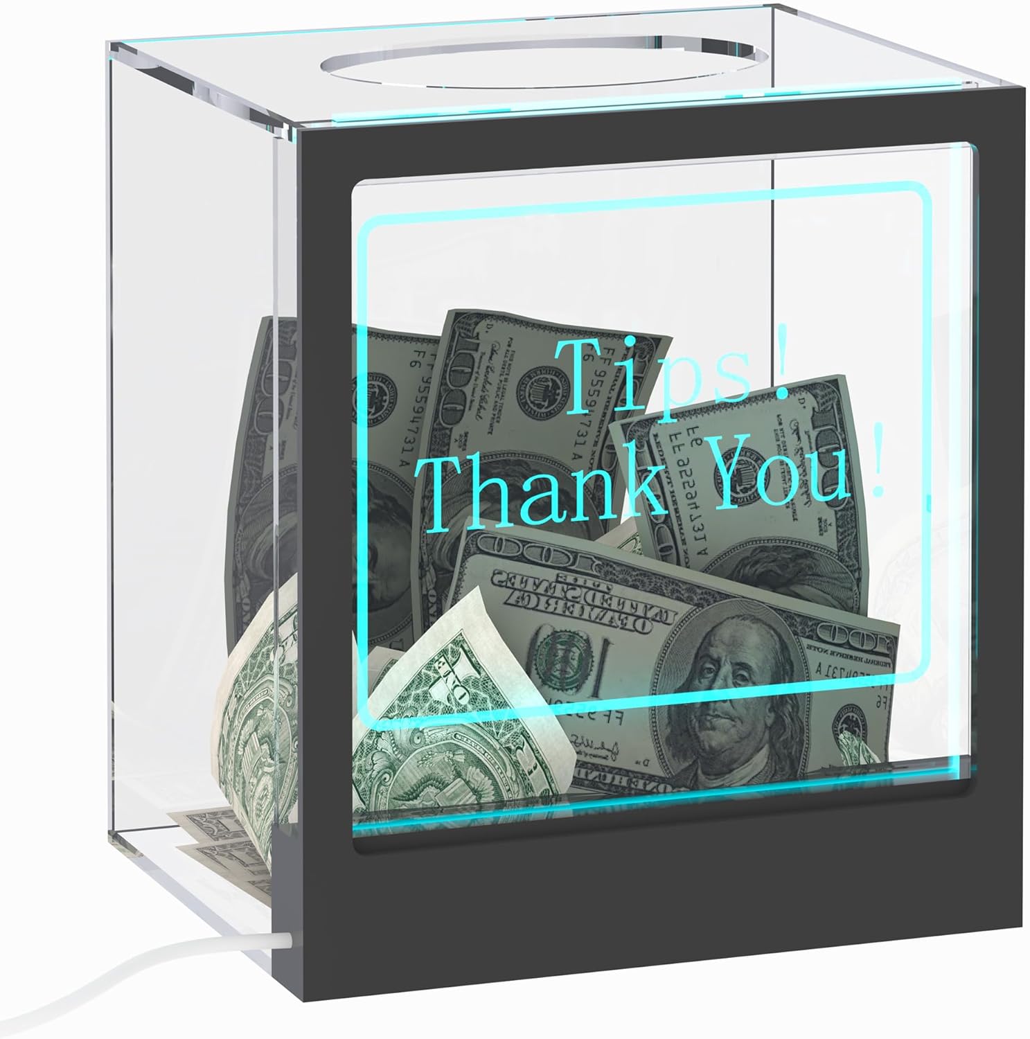 Private Label Lighted Up Tip Jar with Large Opening, Suggestion Box for Tip Collection & Donation, Hundreds Changing Colors LED Lights Tip Box with Customizable Message Sign for Money, Voting and Ballot Ecommerce Ready Product