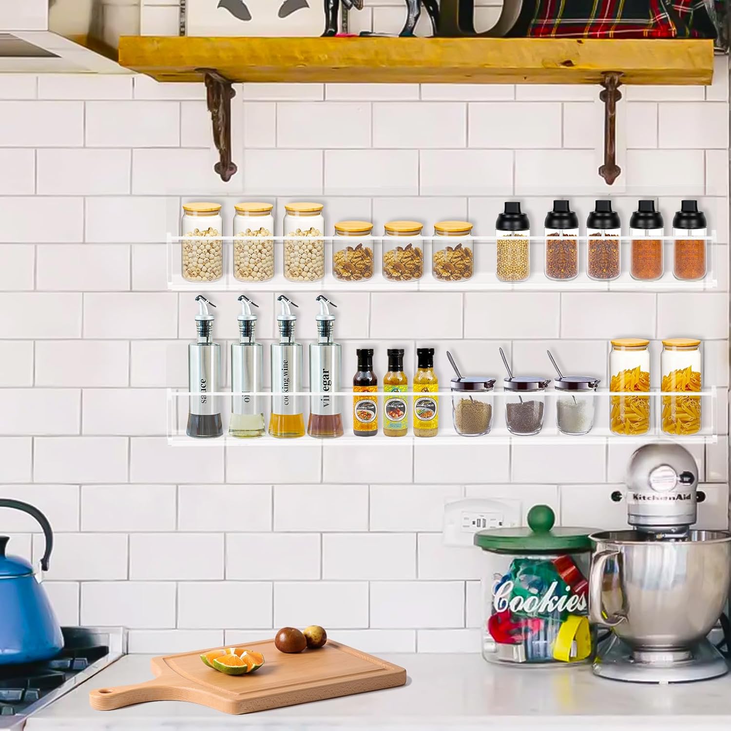 Private Label Acrylic Spice Rack Wall Mount 15 Inch Clear Floating Shelves Invisible Hanging Kids Bookshelf for Kitchen Office Bathroom (2 Pack) Dropshipping Friendly