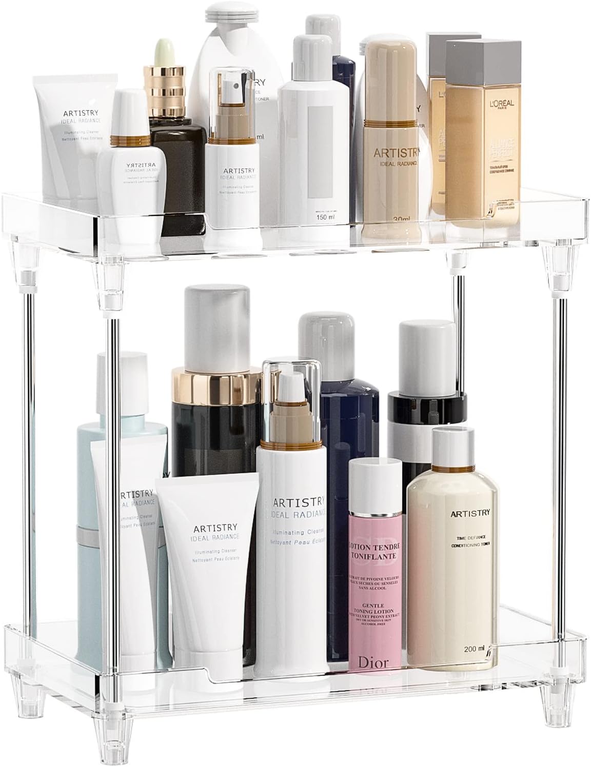 Bathroom Organizer Countertop for Makeup Cosmetic Perfume Skincare Bathroom Supplies and More, Multi-Functional Acrylic 2-Tier Vanity Tray Corner Shelf in Dresser and More