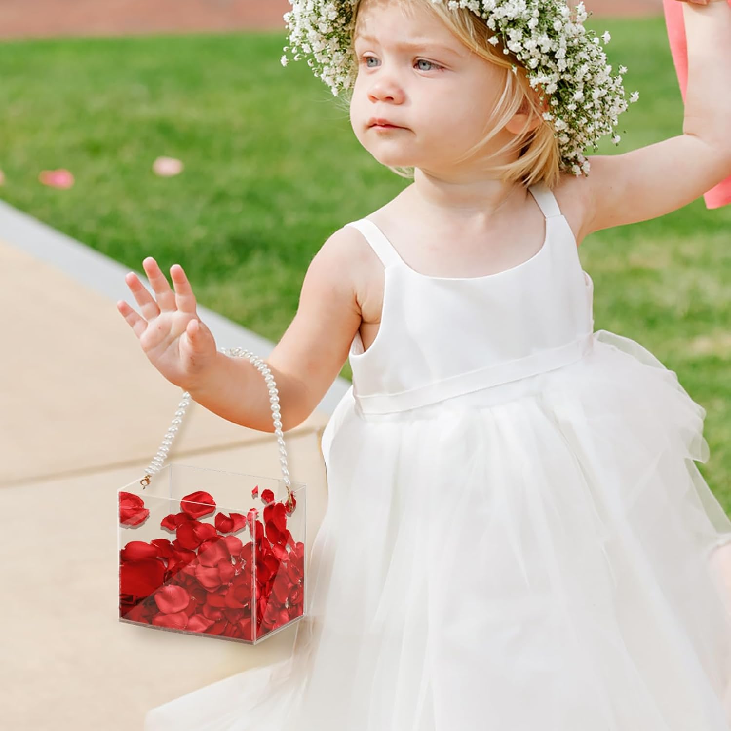 Private Label Flower Girl Basket Wedding Basket Petals basket with ribbon Acrylic Flower Holder for Confetti (Pearl) Wholesale Manufacturer