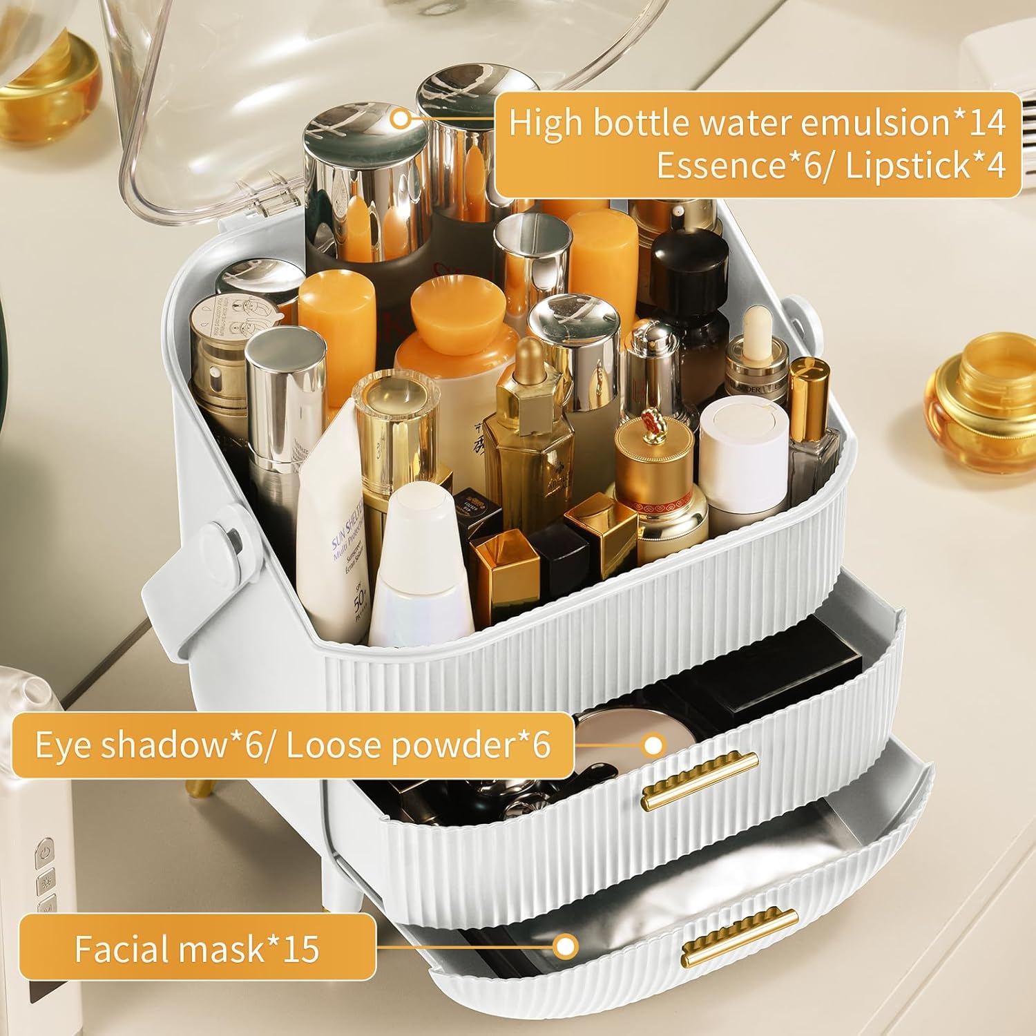 Private Label CANITORON Makeup Organizer,Skincare Organizer with 2 Drawers and Transparent Cover,Cosmetic Display Case for Vanity Organizer and Bathroom Countertop Storage.(White) Custom Logo Service