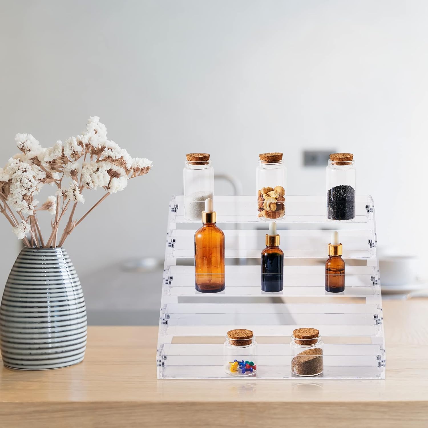 Private Label 2 Pcs Acrylic Tiered Spice Rack Organizer 5 Tier Vertical Seasoning Organizer Clear Spice Shelf Tiered Pantry Shelves for Cabinet Kitchen Countertop Storage Organization Display, 12.2 x 10.6 x 7.8 In Dropshipping Friendly