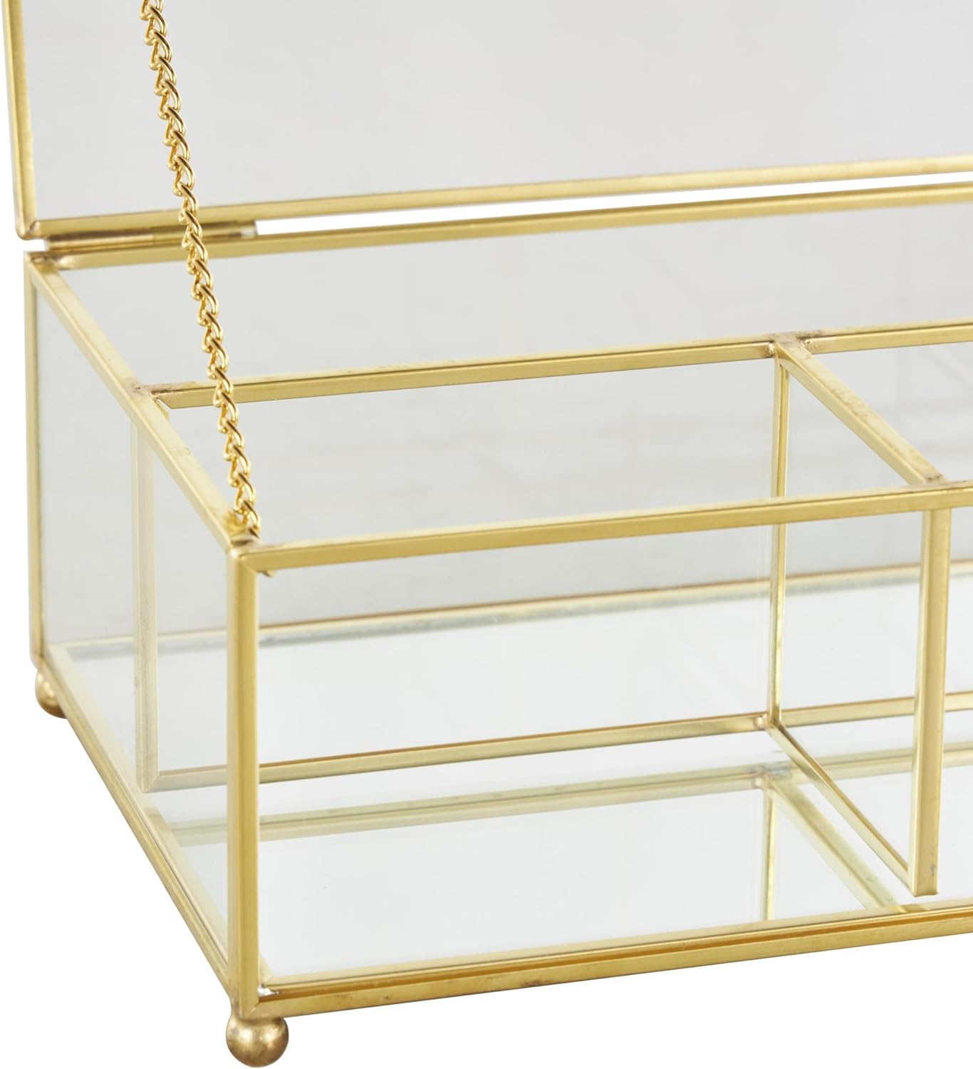 Direct Manufacturer Deco 79 Glass Decorative Jewelry Box 3 Slot Jewelry Organizer with Gold Metal Frame and Chain Accent, Jewelry Holder 7" x 5" x 3", Clear Low MOQ