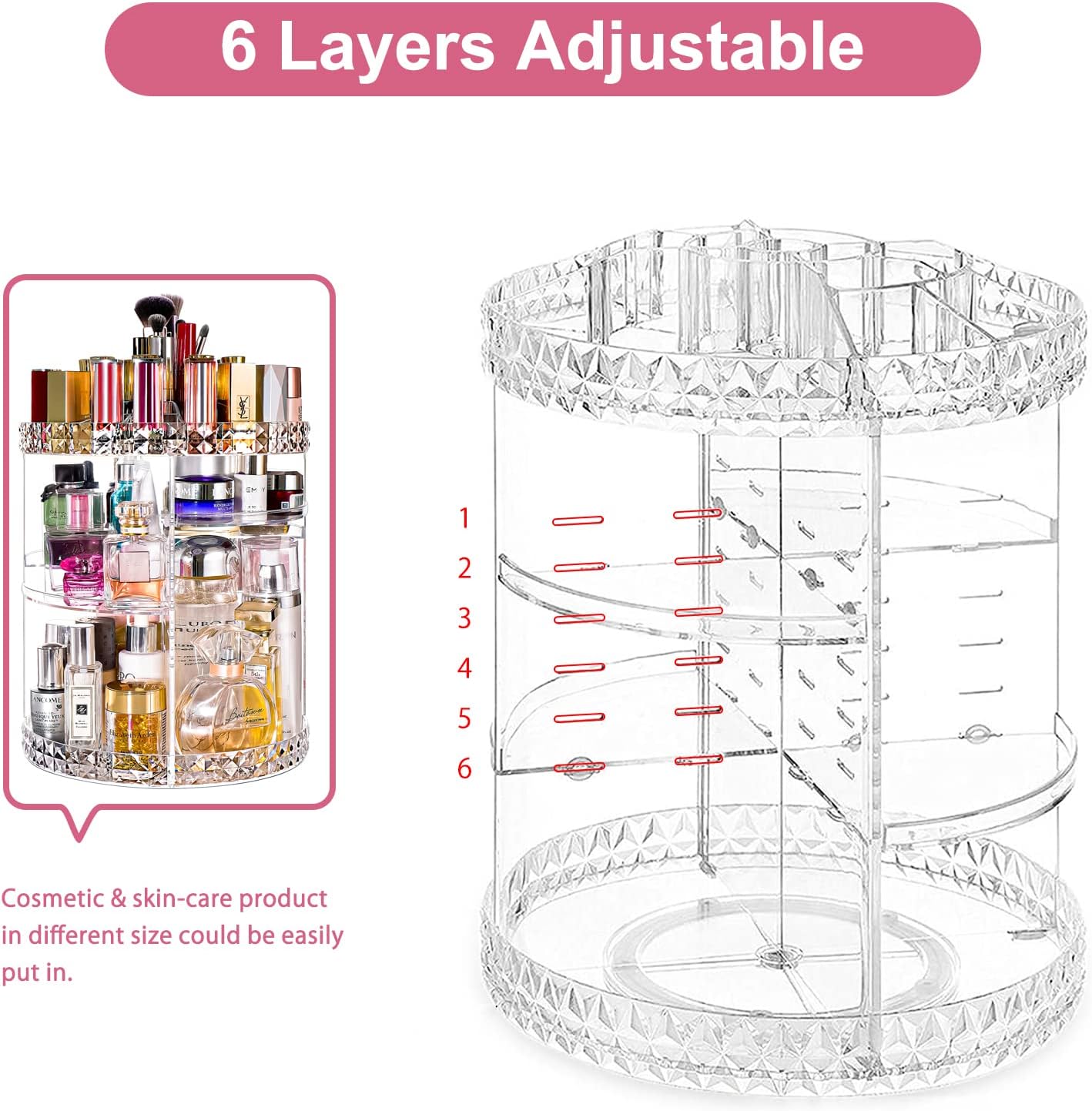 Private Label V-HANVER Makeup Organizer Combo - 360° Rotating Makeup Organizer with 7 Adjustable Layers Acrylic Skincare Organizer Large Cosmetic Display Case Clear Perfume Organizer with Makeup Palette Organizer Custom Logo Service