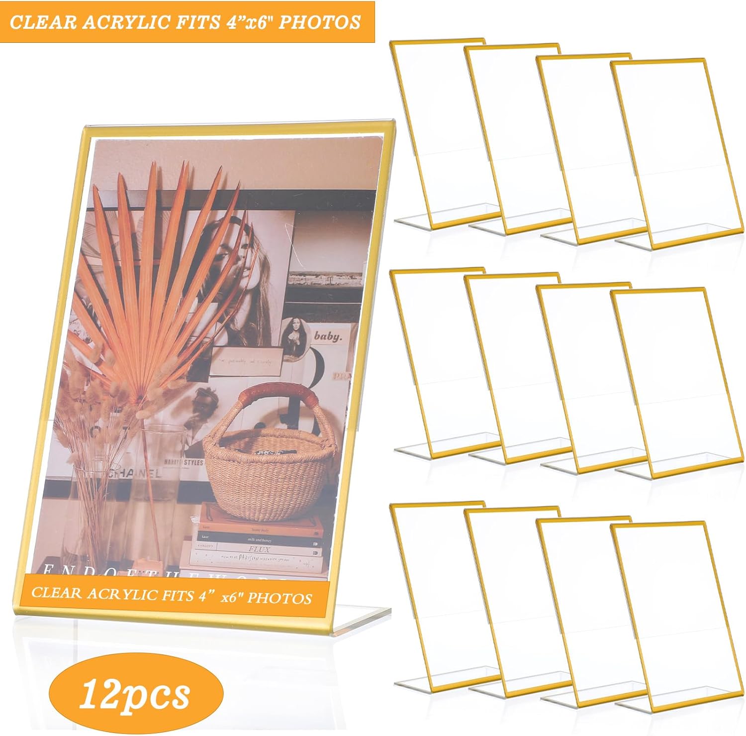 Wholesale 12 Pcs Acrylic Sign Holder Gold Frames Clear Wedding Table Number Frames Menu Holders Double Sided Table Display Stand Slanted Back Picture Frame for Wedding (4 x 6 Inch) China Factory Bulk Supply