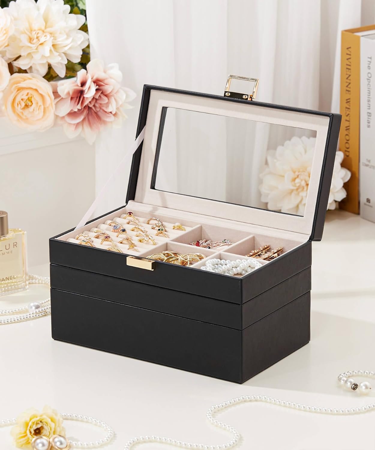 Direct Manufacturer Homde Jewelry Tray Stackable Jewelry Box with Glass Lid, Removable Dividers for Vanity Table Gift Idea for Girls and Women (Black) Low MOQ
