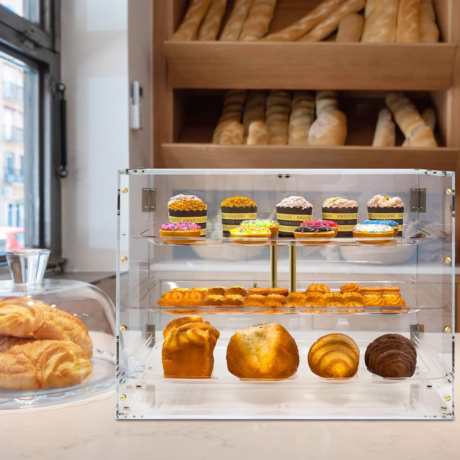 Wholesale OEM ODM 3 Tray Bakery Display Case for Commercial Countertop, 21" x 17" x 16" Cookie Display Case with Magnetic Rear Doors & Removable Trays, Acrylic Pastry Display Case for Desserts Bread Donut Bagels Factory & Supplier