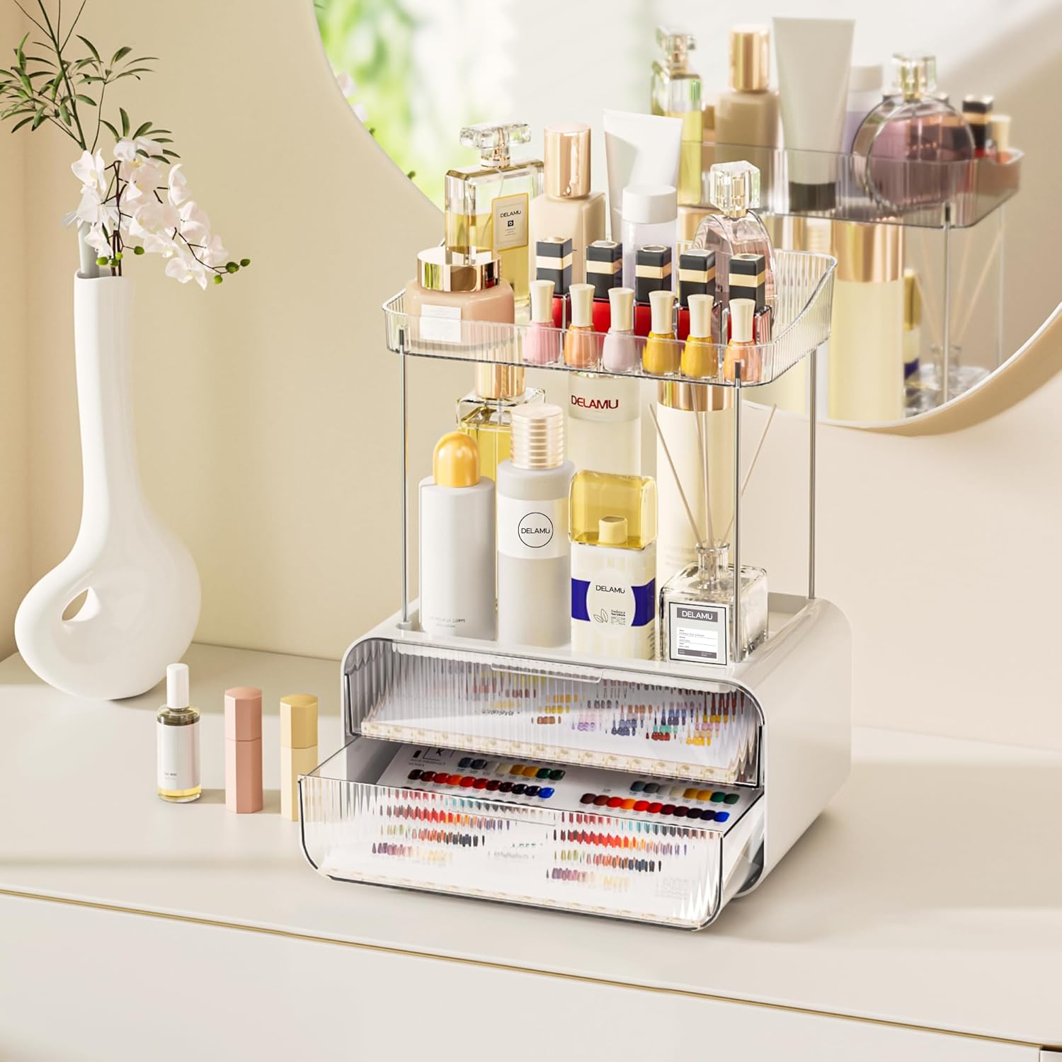 Private Label Delamu Bathroom Counter Organizer 2-Drawers 2-Tier Acrylic Makeup Organizer for Vanity Countertop, Skincare Perfume Storage, Easy Assembly, Ideal Gift for Women, Bath Linen Sets, Clear Factory Direct Price