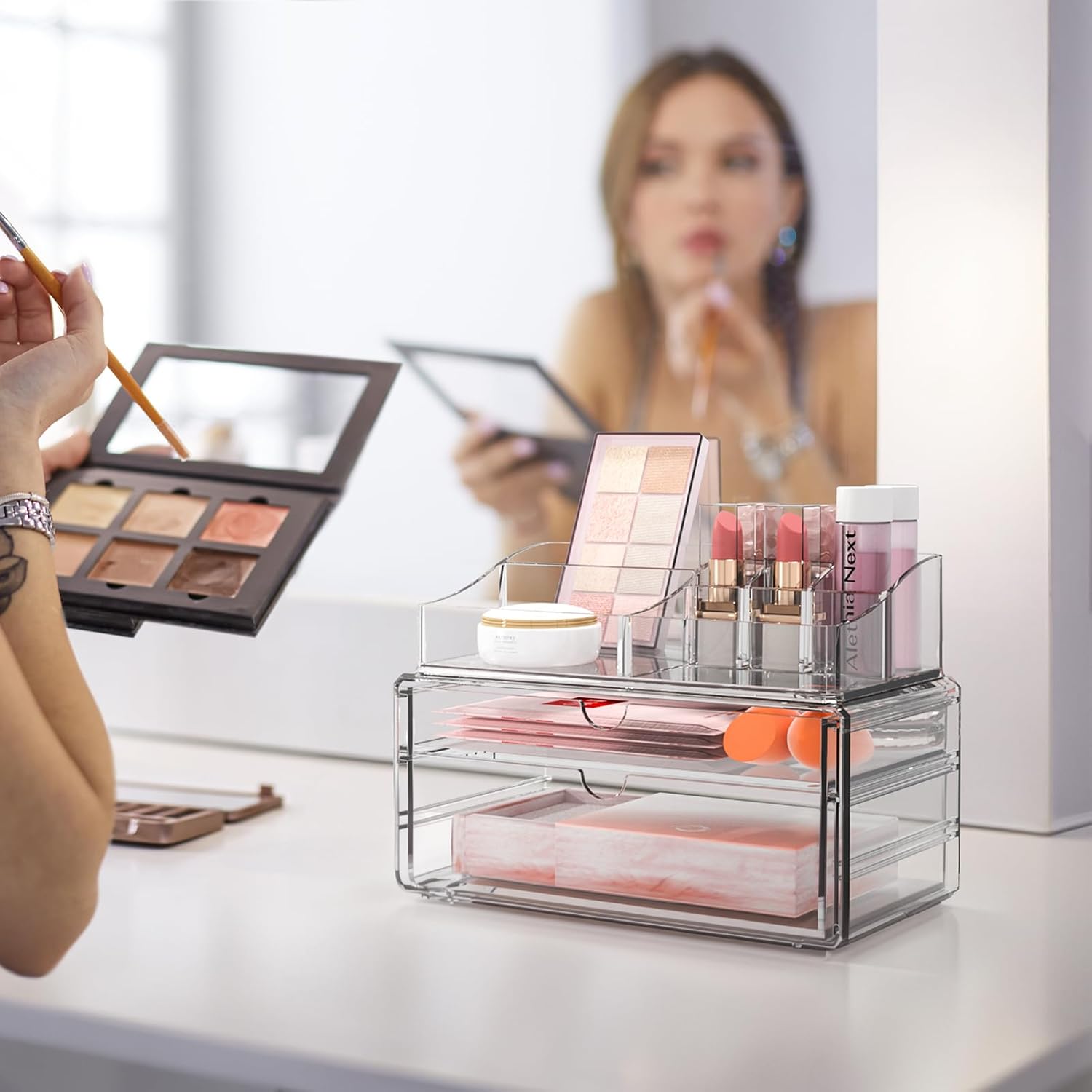 Private Label Delamu 3-Tier Clear Makeup Organizer with Drawer, Acrylic Cosmetic Display Case for Makeup Vanity Bathroom Counter Organizers and Storage, Stackable Vanity Organizer for Brushes Lipsticks Skincare Factory Direct Price