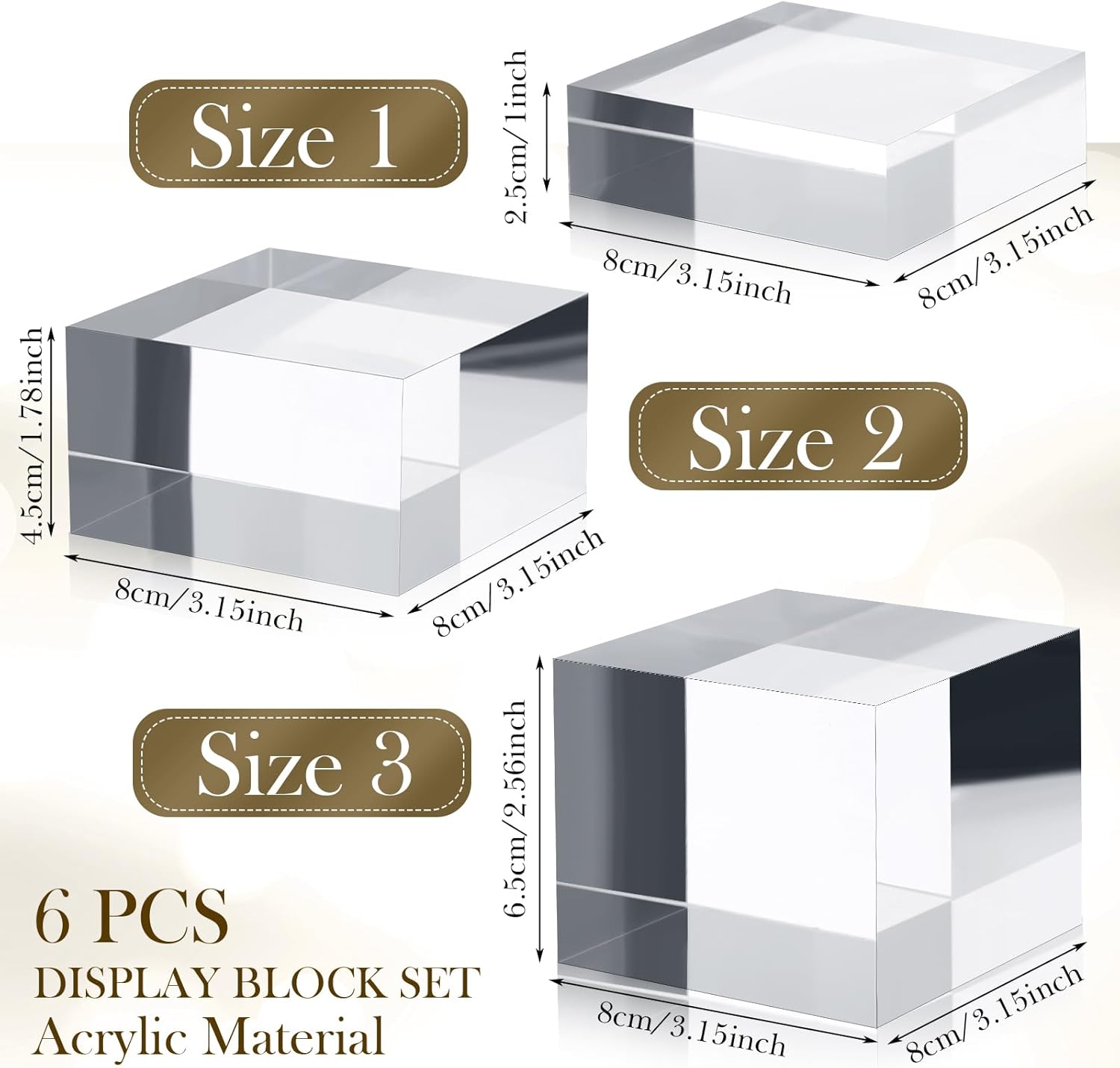 ODM Geelin 6 Pcs Acrylic Square Display Block Clear Polished Acrylic Cube Solid Display Risers Stands for Display Pedestal Stand for Jewelry Perfume Collection, 3 Size Custom Logo Service