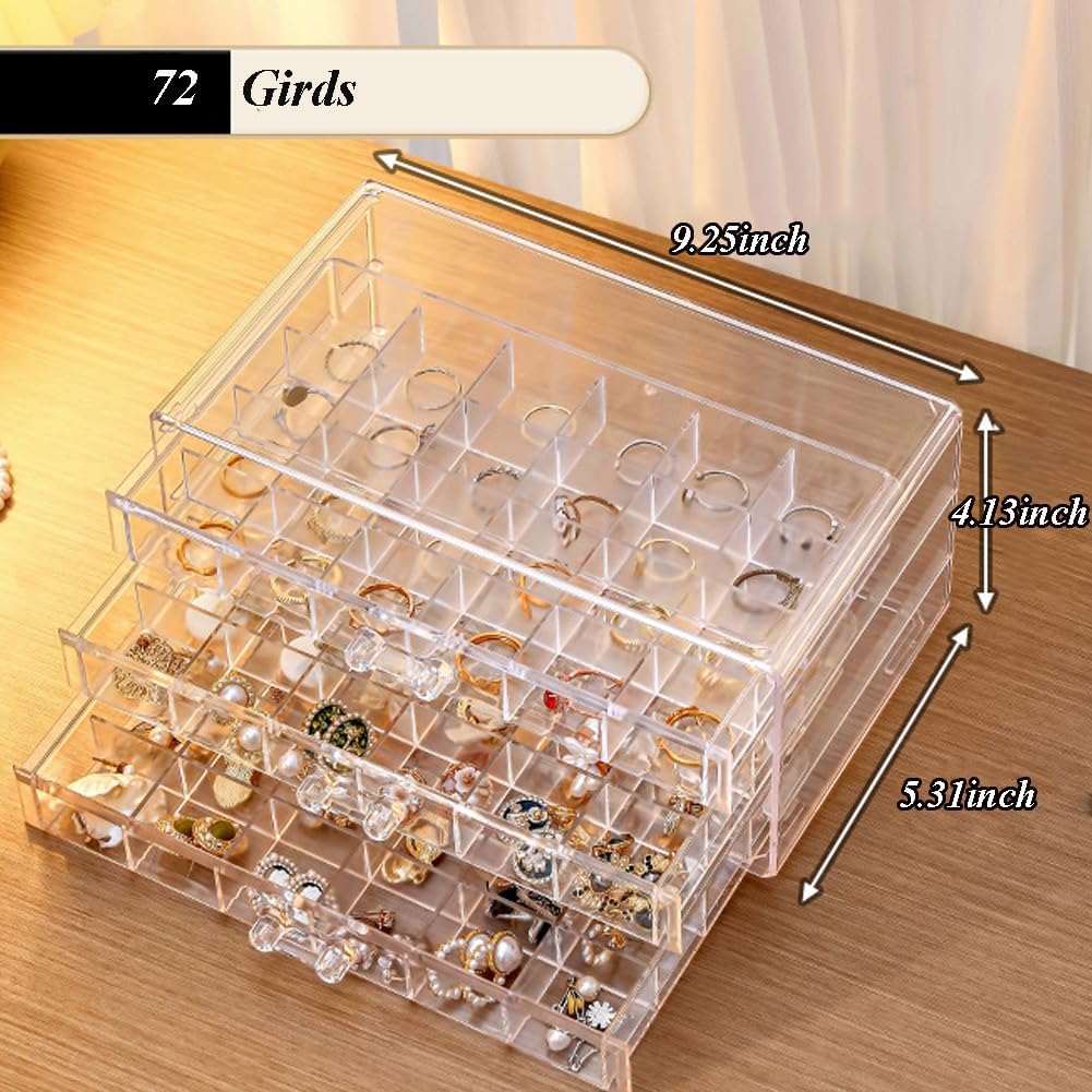 Direct Manufacturer Earring Organizer Box Acrylic Stackable Jewelry Organizer with 3 Drawers 72 Small Compartments Clear Jewelry Display Stand for Stud Earring Ring Pin Display (Transparent) Low MOQ