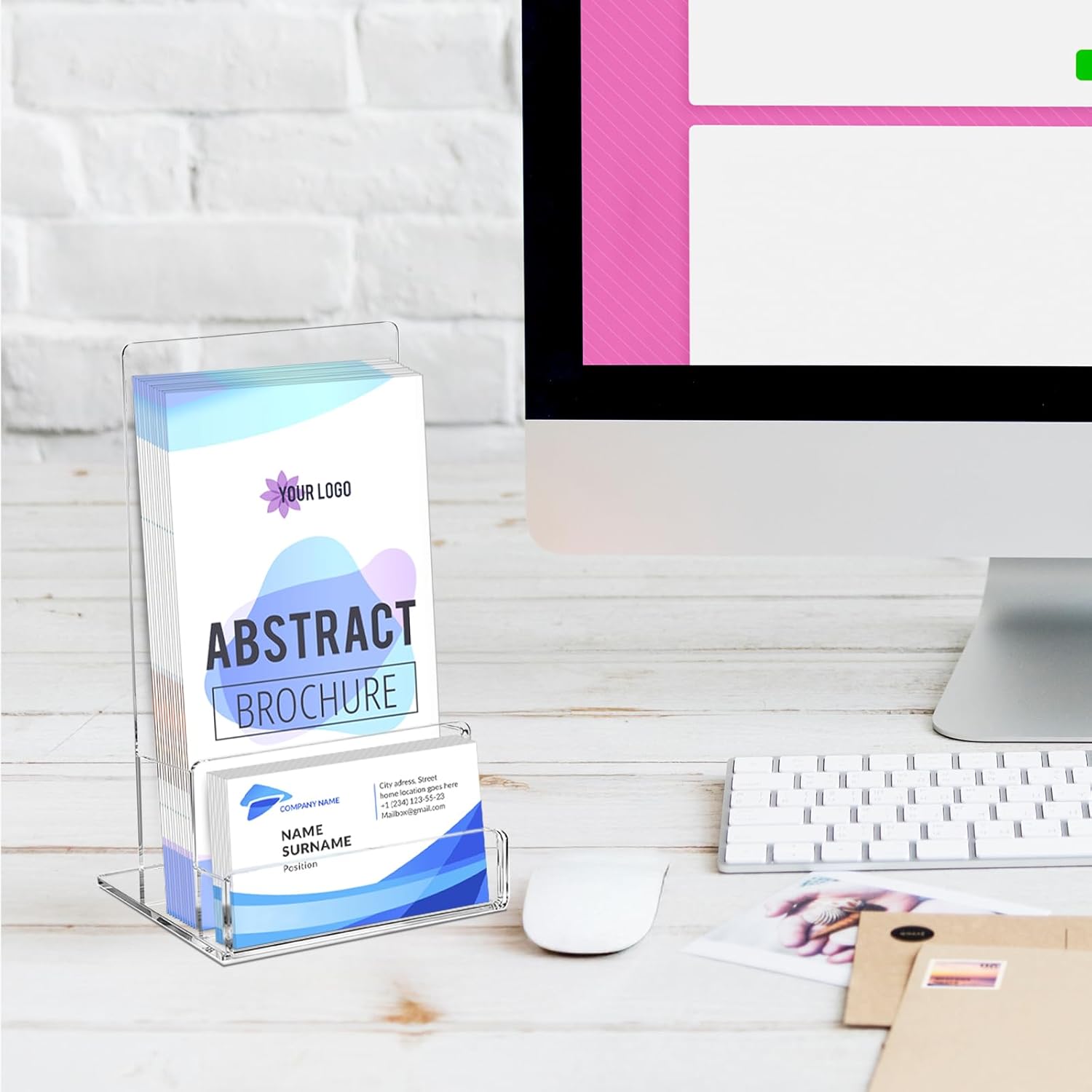 Wholesale Acrylic Brochure Holder Stand, 2 Pack 4.3‘’ x 7.6‘’ Clear Brochure Stand with with Business Card Holder Plastic Flyer Display Stand for Magazine Pamphlet Booklets Menu Journals Business Card Trifold China Factory Bulk Supply