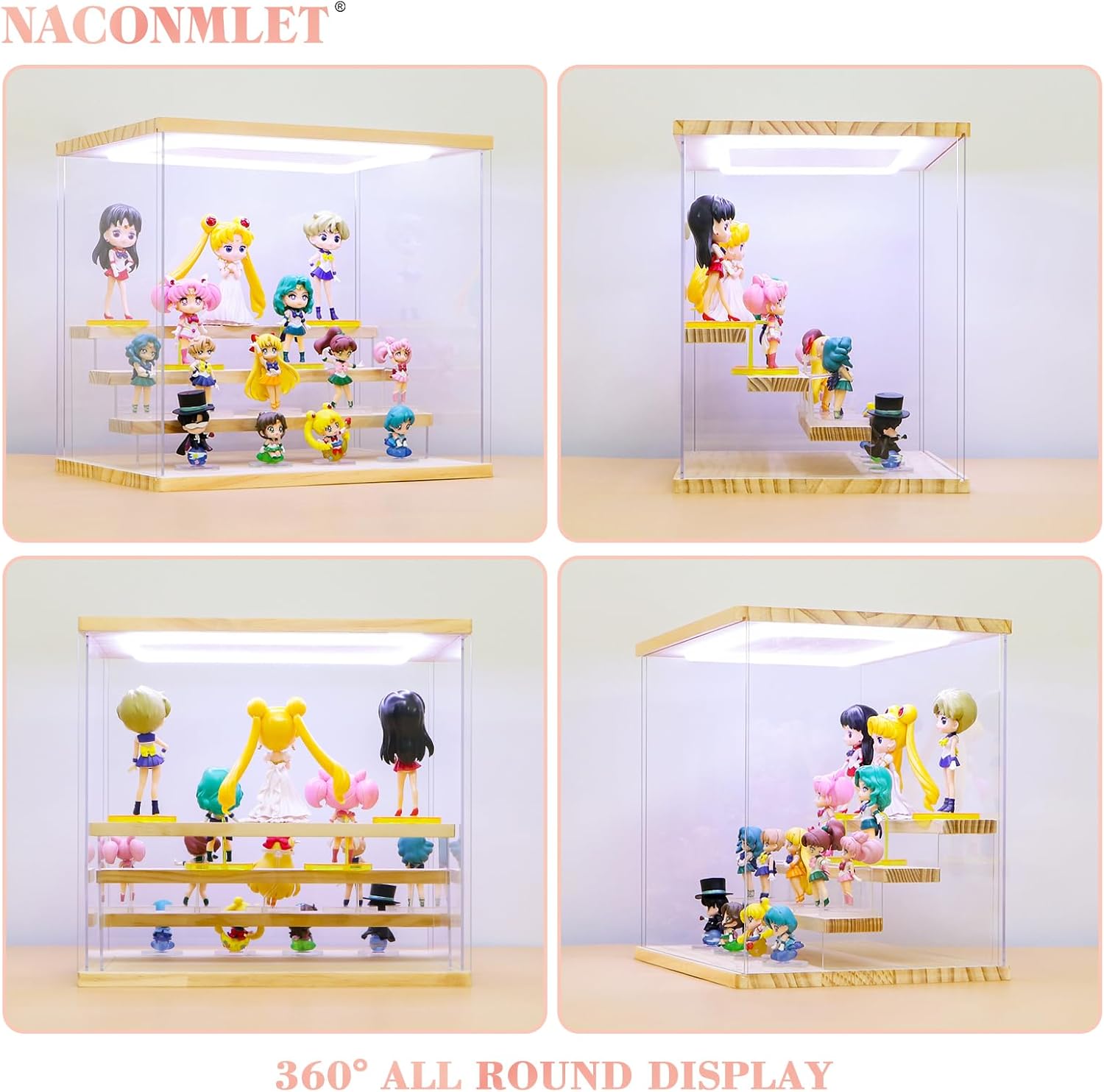 Private Label Clear Acrylic Display Case with Led Light for Figure ,5 Tier Display Stand Dustproof Display Box for Collectibles Organize Storage Box Popmart Doll Toy（5 Tier-W*D*H-12.6"x11.4"x13.3"inches） Ecommerce Ready Product