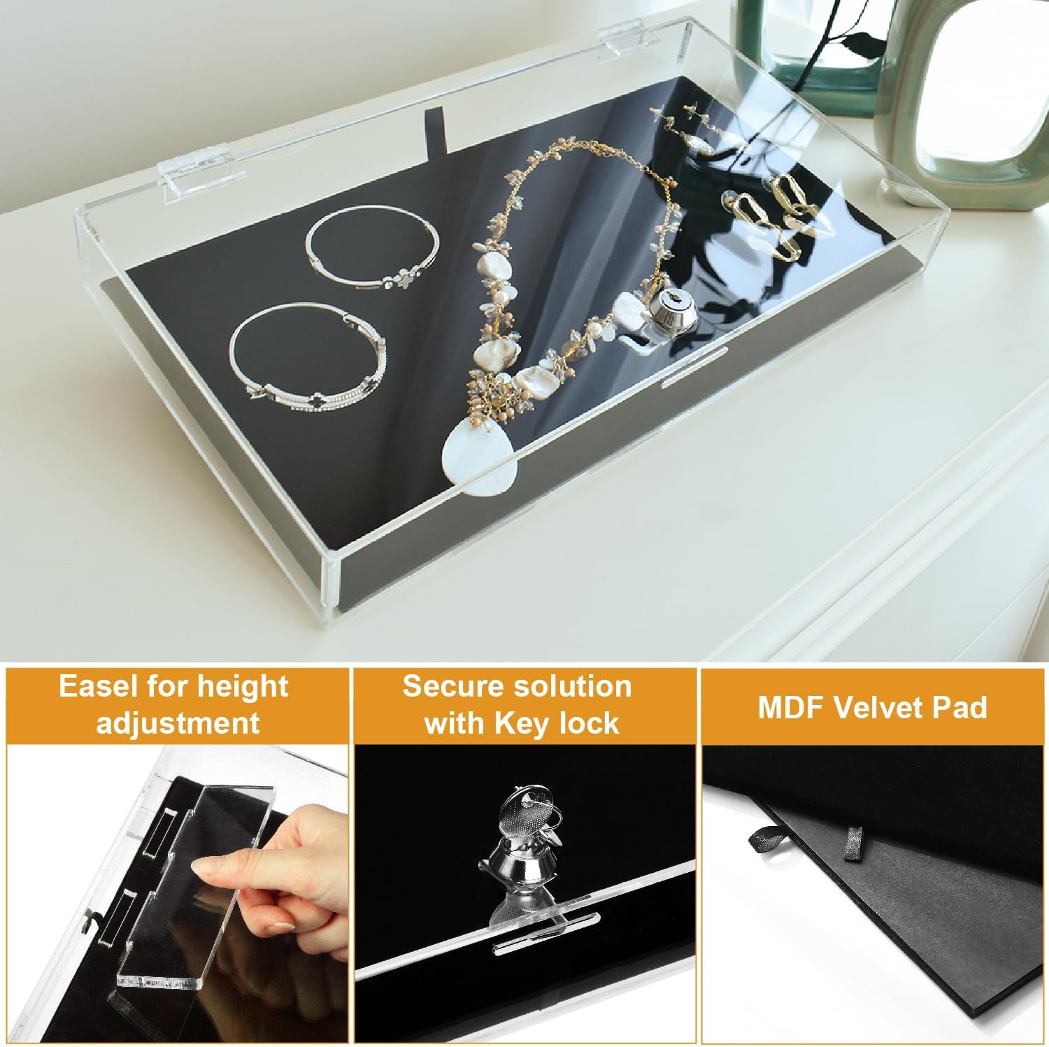 Private Label MOOCA Acrylic Rectangular Marketing Holder Locking Security Showcase Safe Box Display Tray, Perfect for Watches Jewelry, Knives, Eyewear with a Key and a Black Padding Custom Mold Development