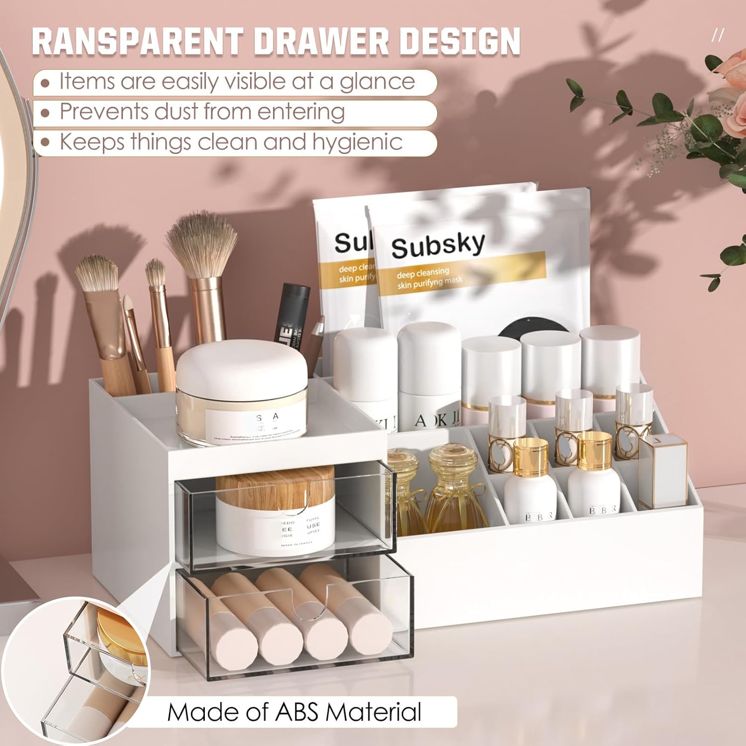 Private Label Subsky Makeup Organizer with Drawers, Easy Storage for Beauty Products Brushes, Multifunction Plastic Desk Organizer, Cosmetics Organizer for Countertop Dresser Vanity and Bathroom (White) Factory Direct Price