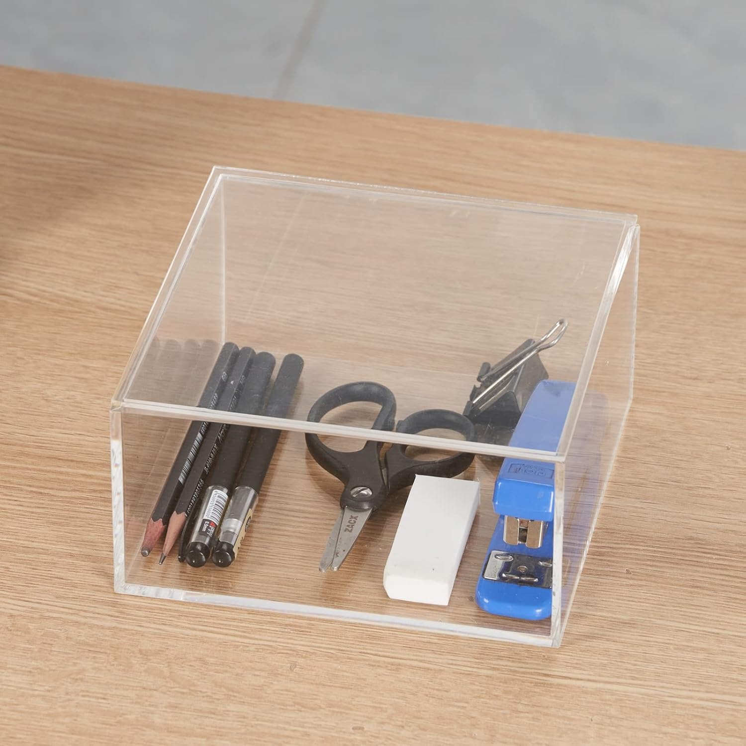 ODM Decorative Acrylic Box with Lid, Clear Cube Display Case, Multi-Purpose Box Square Container for Highlighters, Adhesive Tape, Paper Clips, Stamps, Display in Office or Home-AC002-L Custom Logo Service