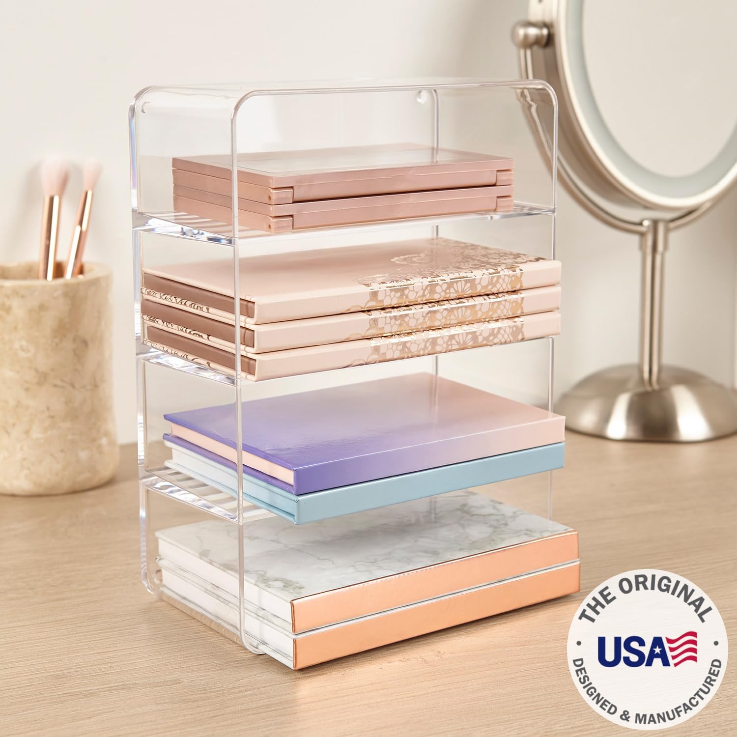 Private Label STORi 4-Compartment Clear Plastic Organizer, Rectangular Divided Makeup and Vanity Storage Bin, Use Upright for Eyeshadow Palettes, Made in USA Custom Logo Service