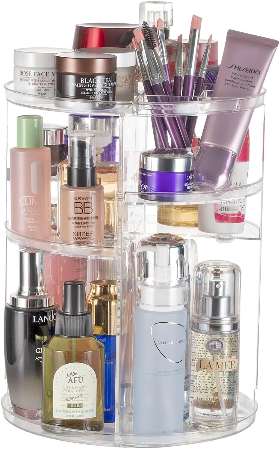 360° Rotating Makeup Organizer, Skincare Storage Box, Cosmetic Display Case with Brush Holder Perfume Tray, Multifunctional Rotating Rack Suitable for Dressing Tables and Bathroom Countertops