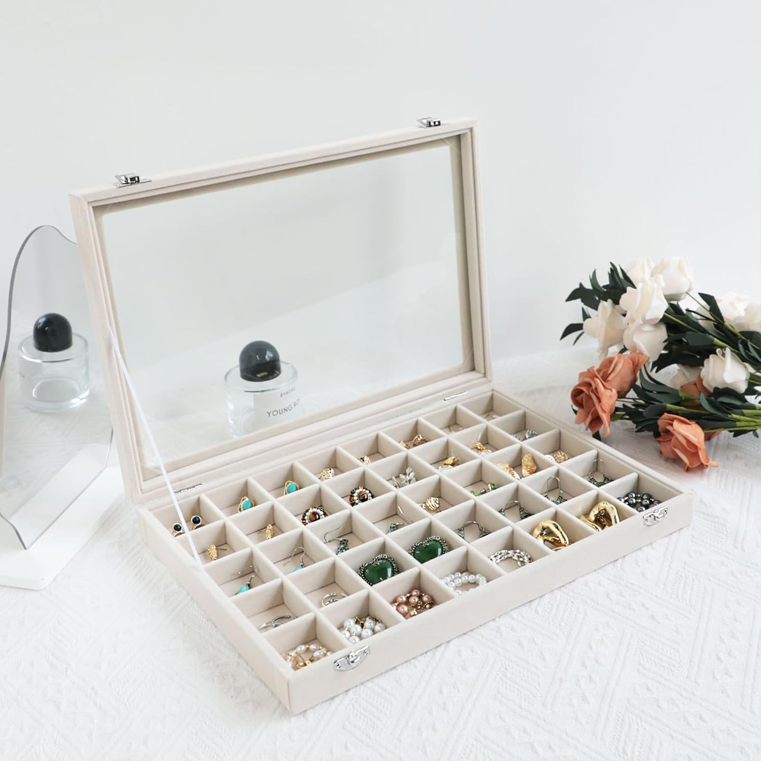 Direct Manufacturer Wudygirl Large Jewelry Organizer Box with 40 Compartments Earring Holder Organizer Velvet Ring Display and Necklace Storage Tray Jewelry Box for Women (Beige Velvet) Low MOQ