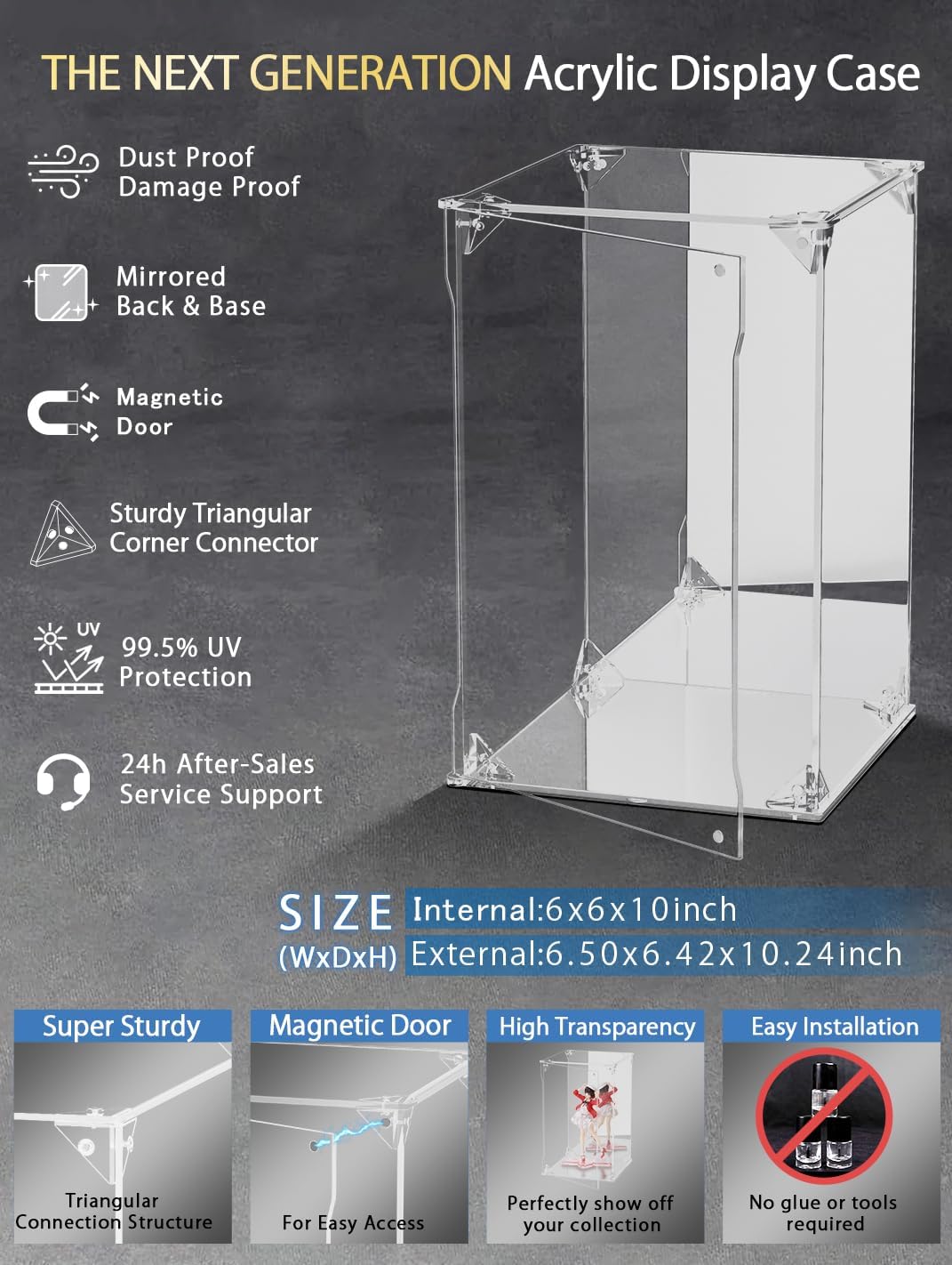 Wholesale OEM ODM Clear Acrylic Display Case with Mirrored Back and Base, UV Protected Acrylic Box with Magnetic Door, Dustproof Display Box Showcase for Collectibles, Figures, Models, Toys (6x6x10inch) Factory & Supplier