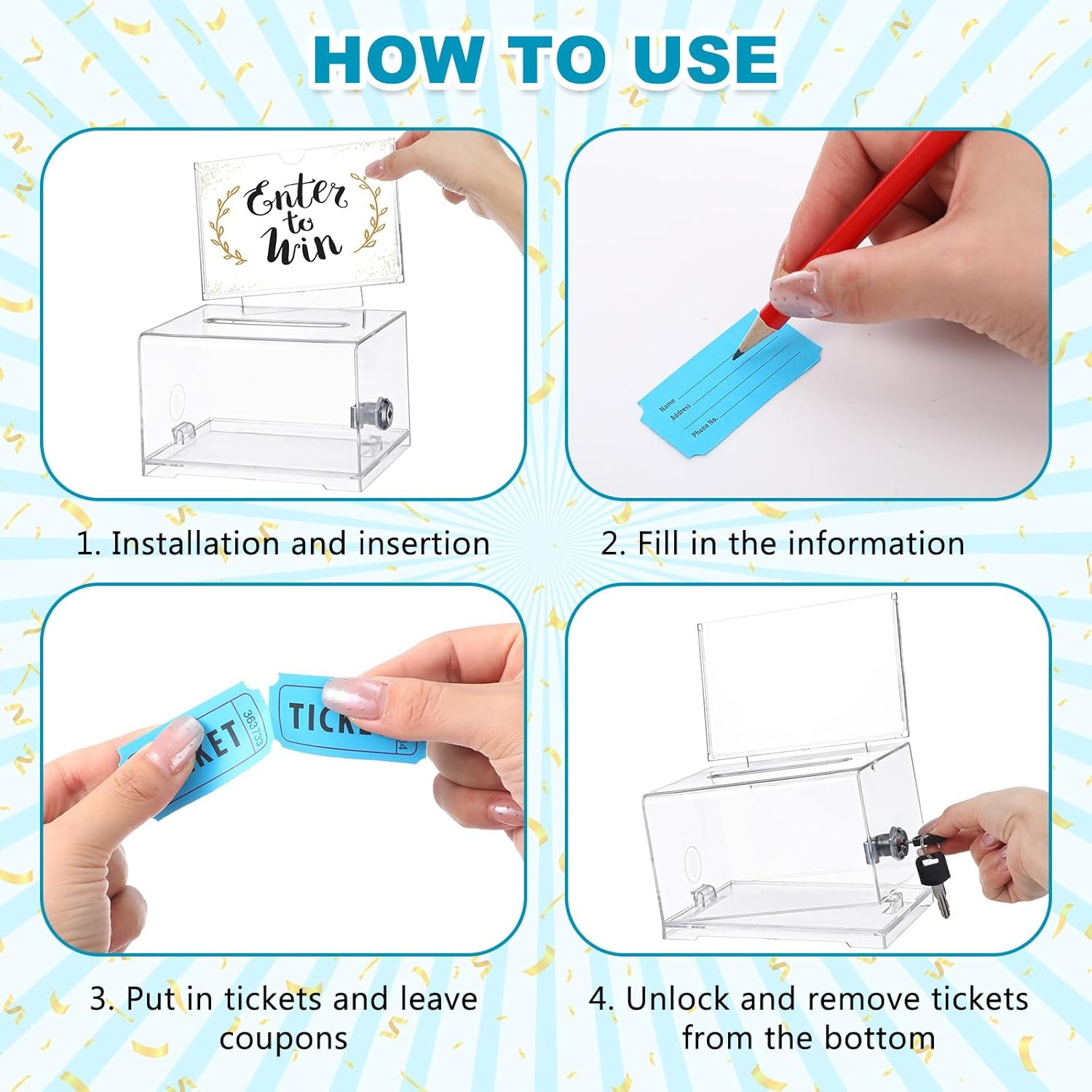 Private Label Havawish Enter to Win Raffle Ticket Box with 500 Raffle Ticket Double Roll and Slot Clear Acrylic Donation Box with Lock 6.3" x 4.7" x 3.9" Ballot Holder with 2 Keys for Game Suggestion(Blue) Custom Mold Development