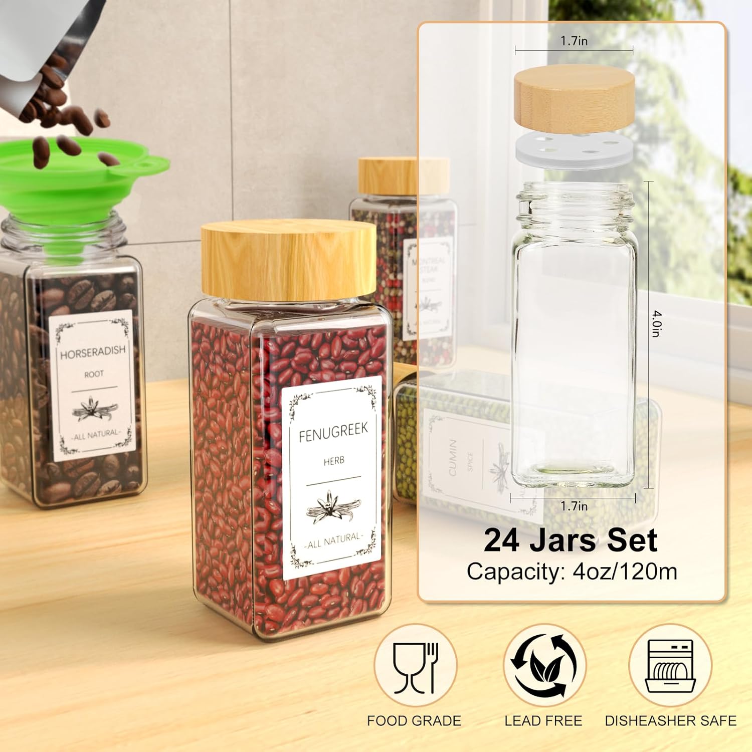 Private Label 24 Spice Jars with Spice Drawer Organizer, 355 Spice Labels, 4 Pack Expandable From 11'' to 21'' Acrylic Spice Rack for Drawer, Seasoning Containers Storage Organization for Kitchen Cabinet Countertop Dropshipping Friendly