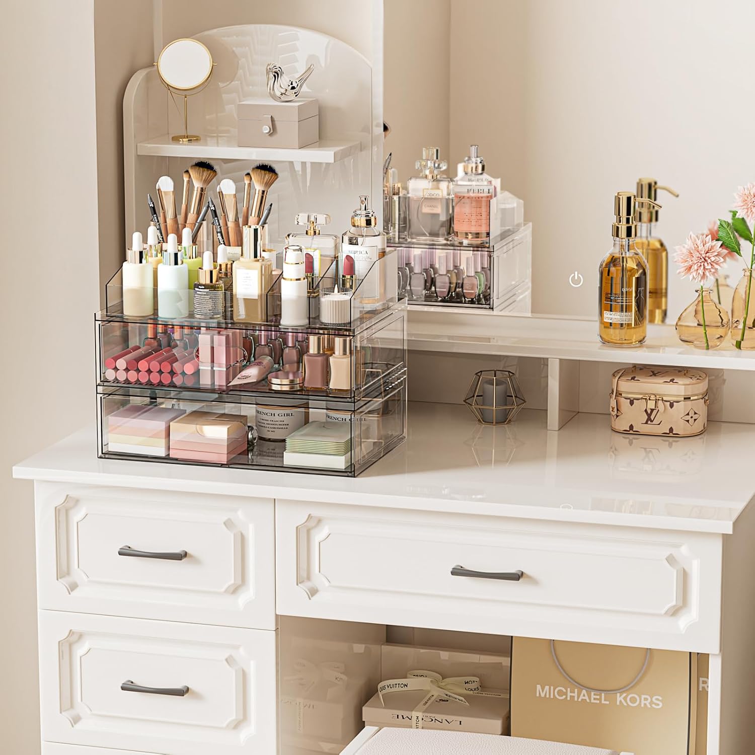 Private Label Clear Stackable Makeup Organizer with Drawer, 12''W Acrylic Storage Drawers, Cosmetic Display Case for Vanity Bathroom Countertop, Beauty Holder for Lipstick Brush Skincare Perfume Factory Direct Price