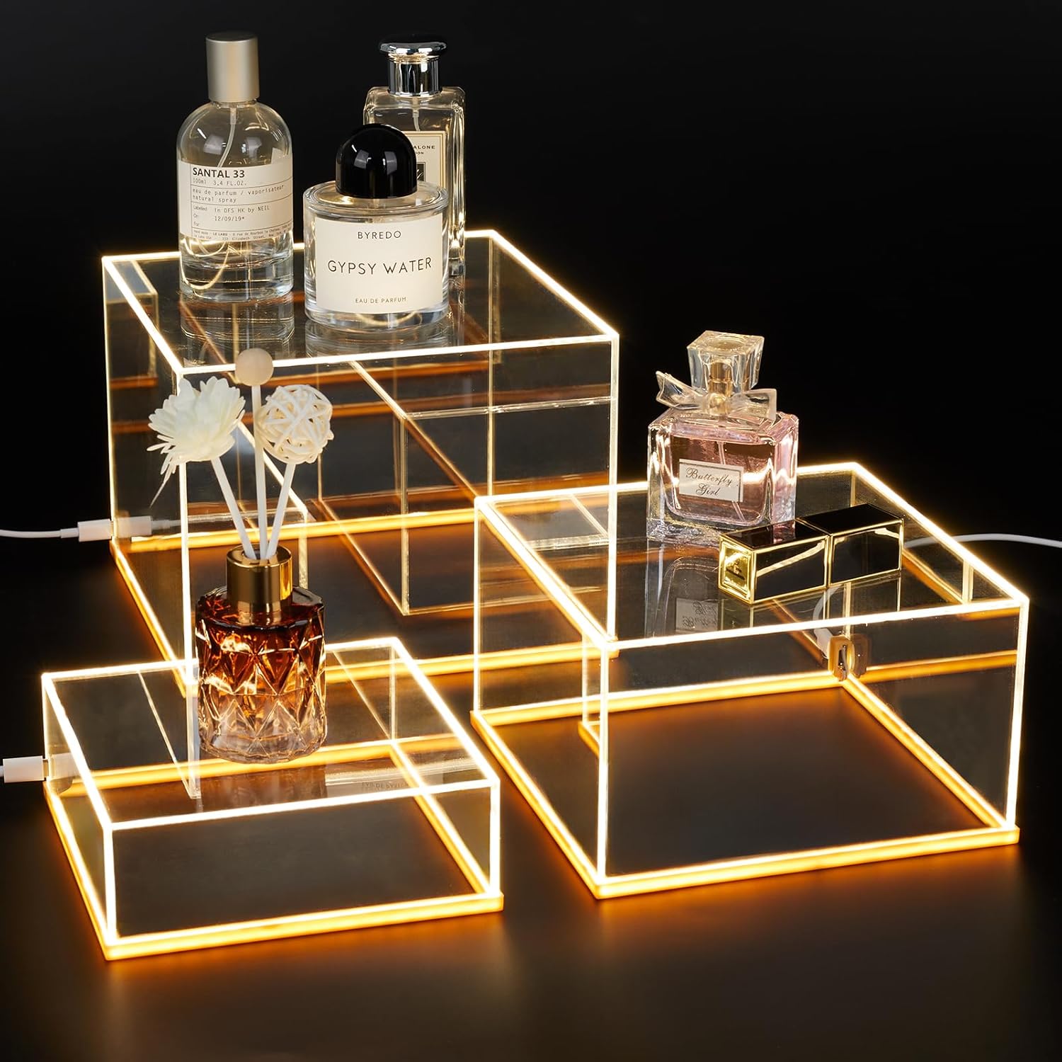 3Pcs Acrylic Display Risers with LED light, Acrylic Cube Box Clear Display Stand with Hollow Bottoms for Figures Dessert Jewelry Perfume Handbag (Clear-3pcs)