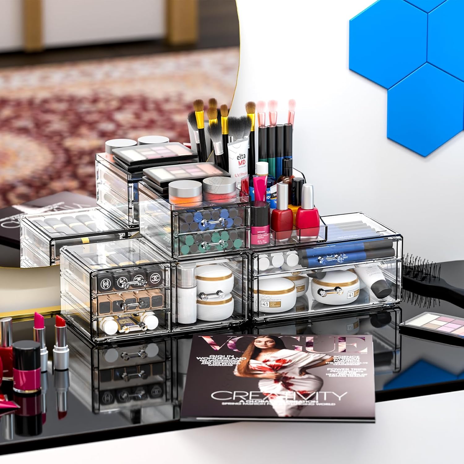 Private Label Acrylic Clear Makeup Organizer Countertop,Stackable Skincare Organizer for Vanity With 8 Drawers,Large Plastic Desk Accessories Organization,Bathroom Cosmetic Organizer Countertop for Beauty,Skin Care Factory Direct Price