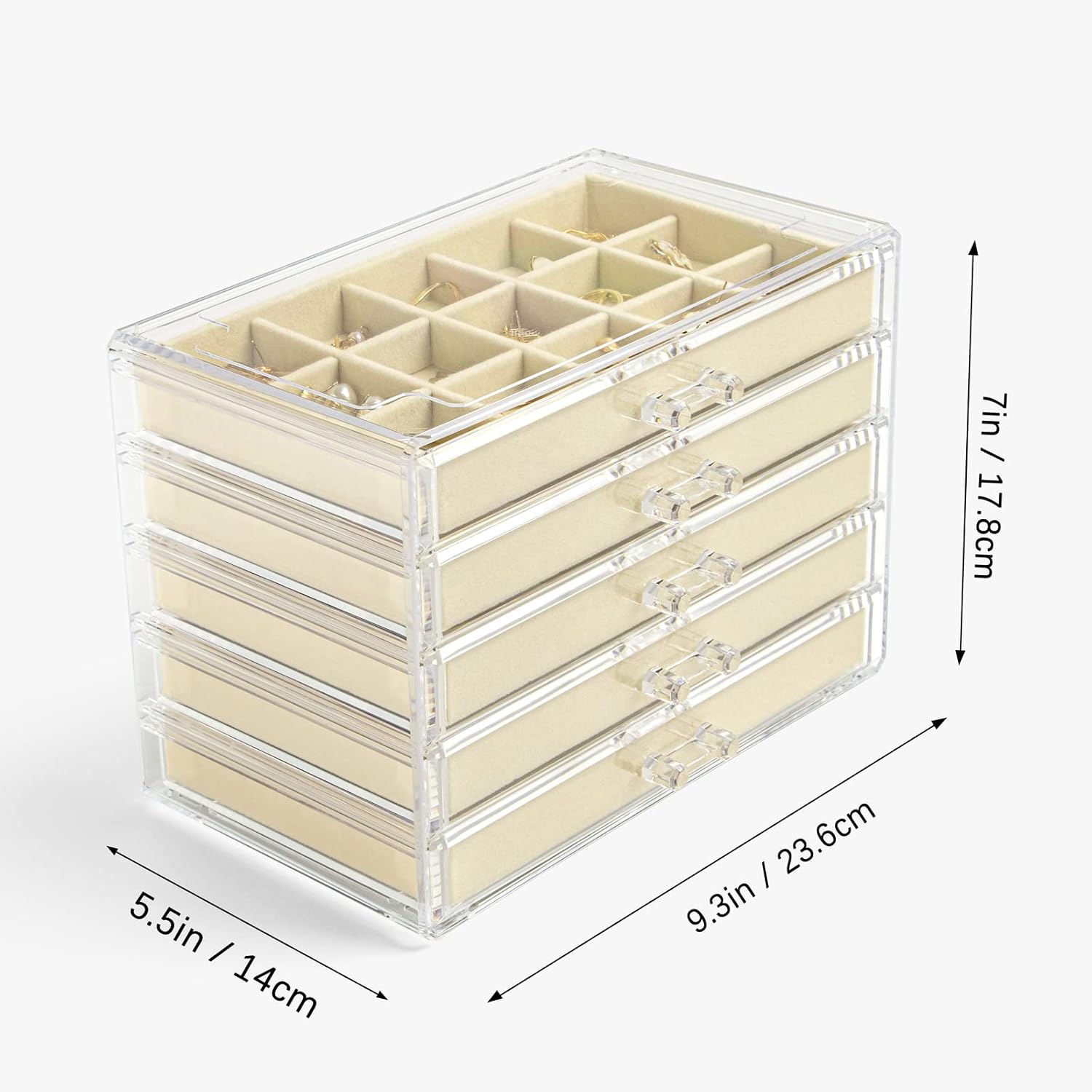 ODM KAMIER Earring Jewelry Organizer with 20 Pcs Portable Jewelry Bag, Clear Acrylic Jewelry Organizer Box for Women with 5 Drawers for Earrings Ring Bracelet Necklace Custom Mold Development