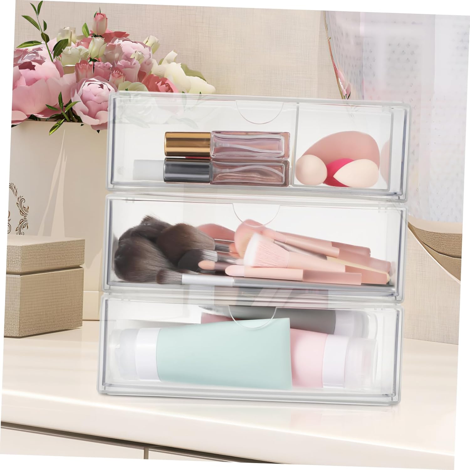 Private Label 3Pcs Clear Makeup Organizer Transparent Vanity Storage Box for Lipsticks Cotton Pads and Cosmetics Stylish and Lidded Makeup Storage for Neat Custom Logo Service